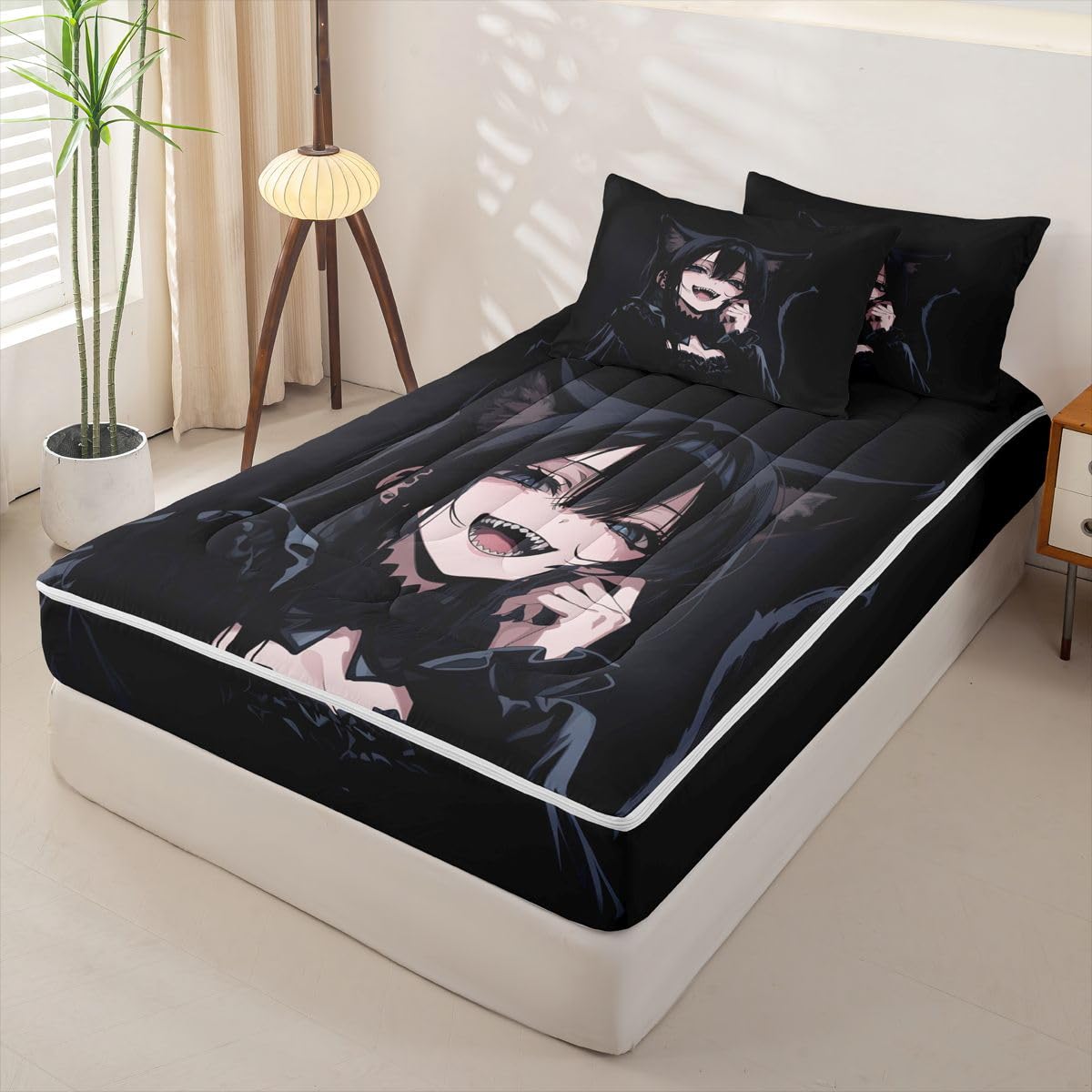 Erosebridal Anime Girl Zipper Bedding Twin Size, 3D Japanese Kids Comforter Set - Gothic Style Cat Girls Zip Up Comforter Bed in A Bag