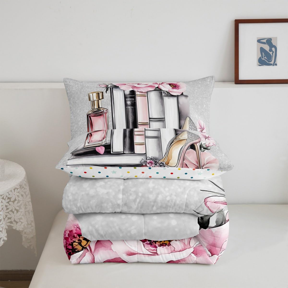 Erosebridal Pink Girly King Bedding Set Silver Fashion Comforter Set Women Girls Gray Pink Flower Perfume Quilt High Heels Magazine Books Floral Duvet Insert