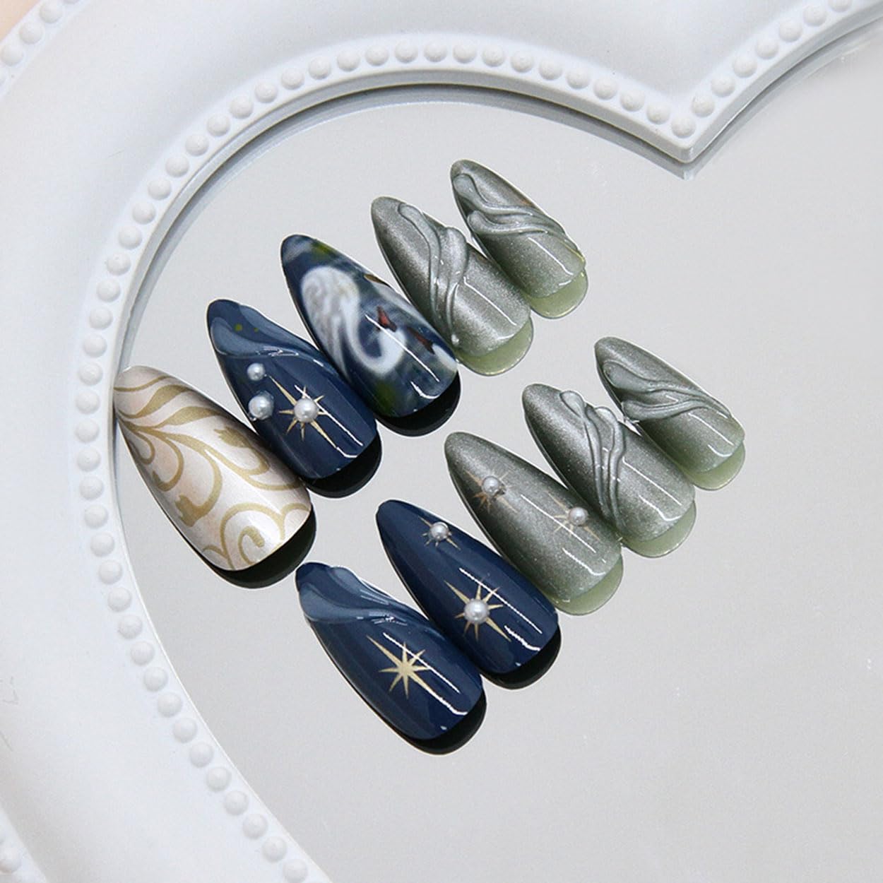 Press on Nails Almond Medium Fake Nails French Tip False Nails Press ons with Glitter Swan Design Glue on Nails Artificial Acrylic Nail Art Glossy Full Cover Stick on Nail Supplies for Women 24Pcs