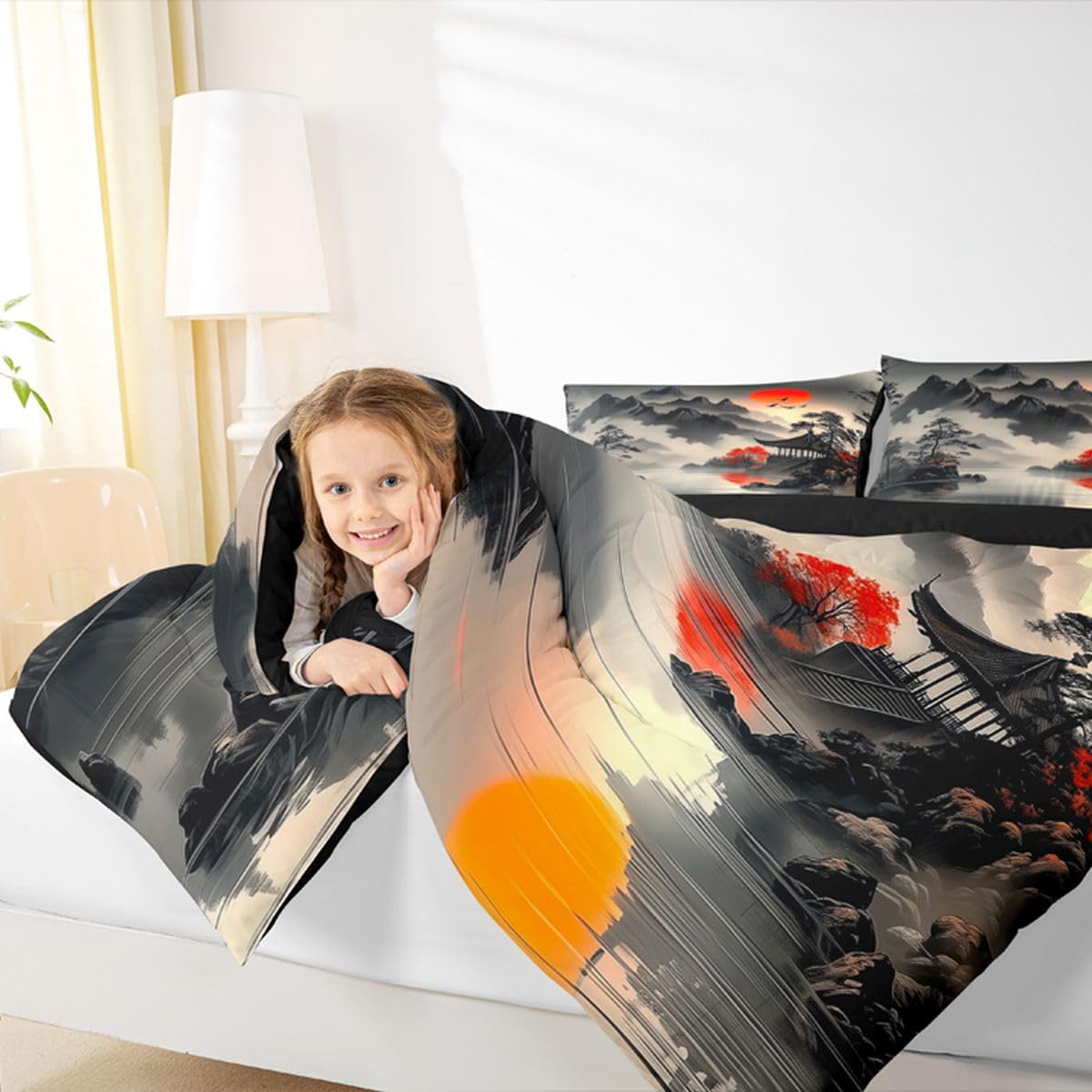 jejeloiu Chinese Ink Painting Comforter Set All Season Red Sun Bedding Set with 2 Pillow Cases Mountain Microfiber Kids Queen Bedclothes Japanese Style Bedroom Decor Duvet Quilt Breathable Soft