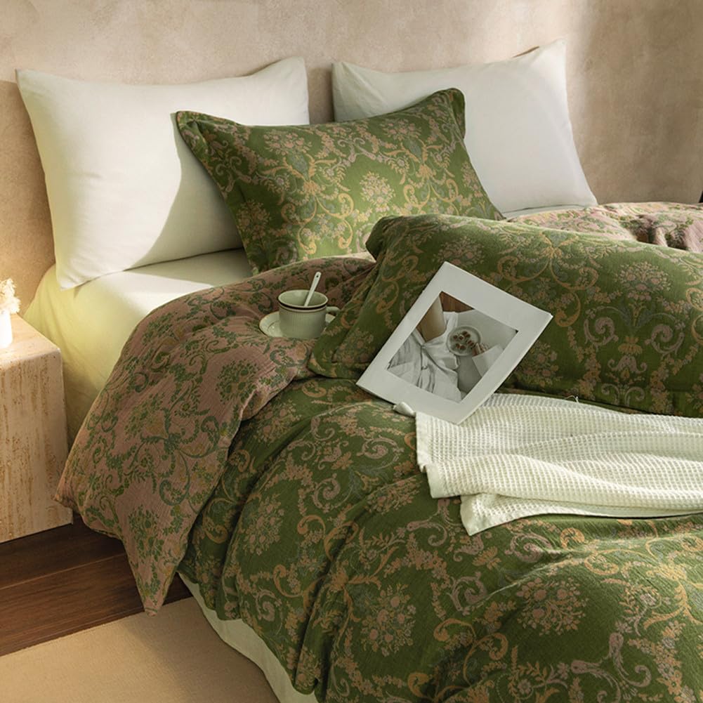 VM VOUGEMARKET Green Floral Duvet Cover Queen,3 Pieces Retro Boho Medallion Jacquard Flower Bedding Set,Linen Cotton Yarn-Dyed Textured Reversible Duvet Cover with Zipper Closure