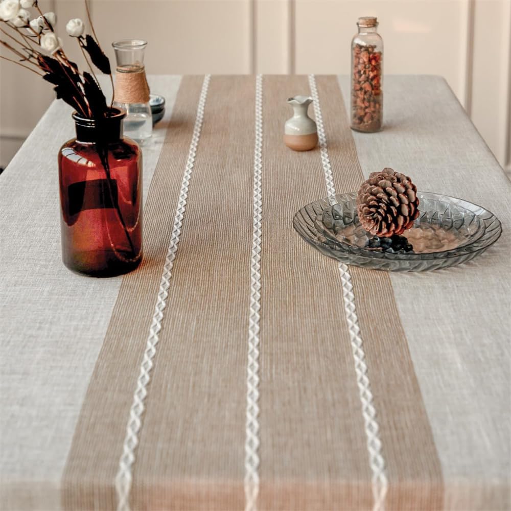 FMIYJUN Rectangle Cotton Tablecloths Linen Waterproof Tablecloth Burlap Embroidered Fabric Table Cloths for Kitchen Dining Party Wedding Tables Coffee Lines 55 x 70 Inch