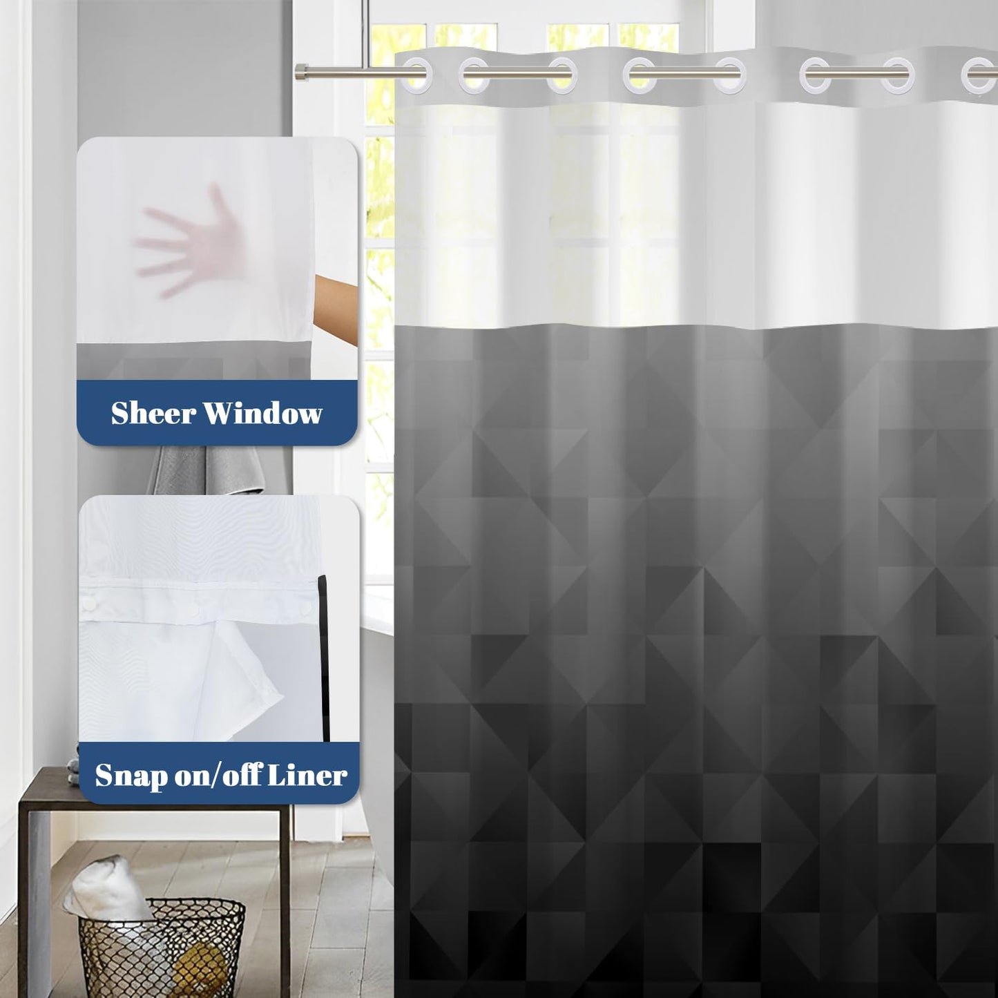 NAEMBCU No Hook Shower Curtain with Snap in Liner Set, Black Gray Ombre Geometric Print - Mesh Top Waterproof Double Layer Bath Tub Curtain for Modern Loft & Minimalist Bathroom Decor, 71W x 74H