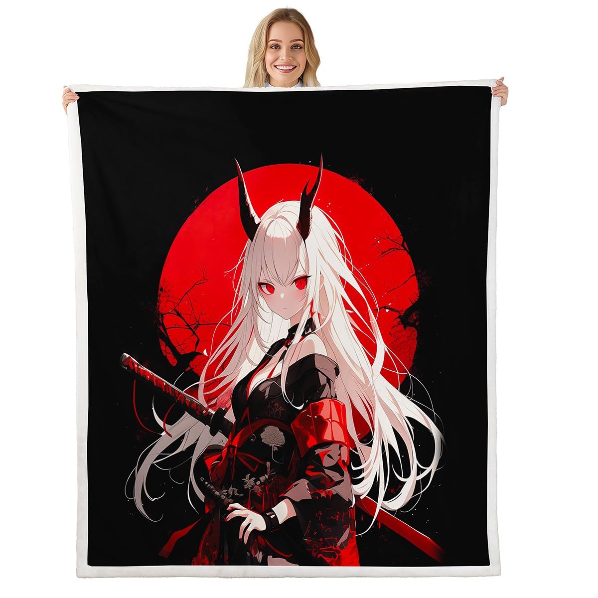 Erosebridal Twin Size Japanese Anime Throw Blanket for Kids, Anime Girl Decor Kawaii Japanese Fleece Sherpa Blanket Cartoon Japan Animation Bed Set for Boys Teen Adult Women Bedroom,Red Black