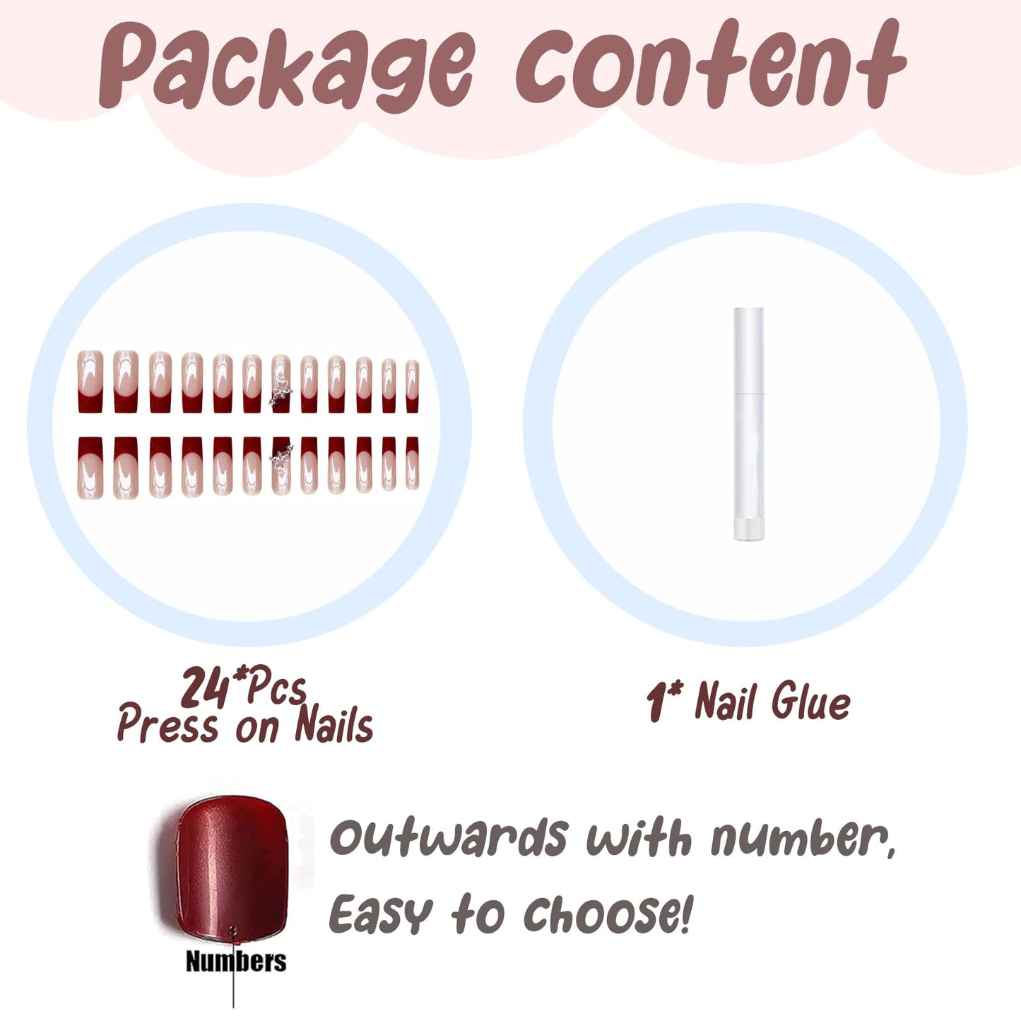 BABALAL Long Square Press on Nails Red French Tip Fake Nails 3d Star Nail Charm Acrylic Nails 24pcs Squoval Artificial False Nail for Women and Girls