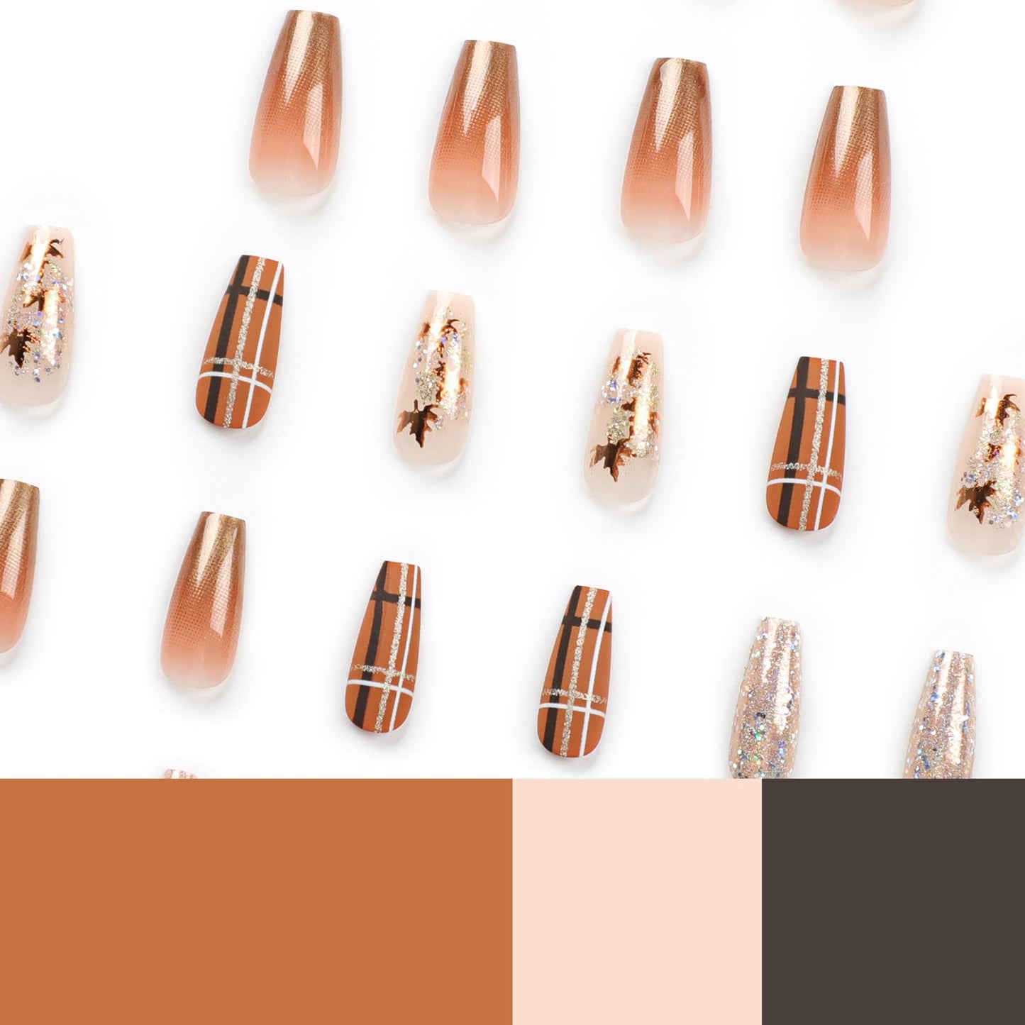 MISUD Press on Nails - Long Coffin Fake Nails with Fall Maple, Acrylic Autumn Design 24 pcs