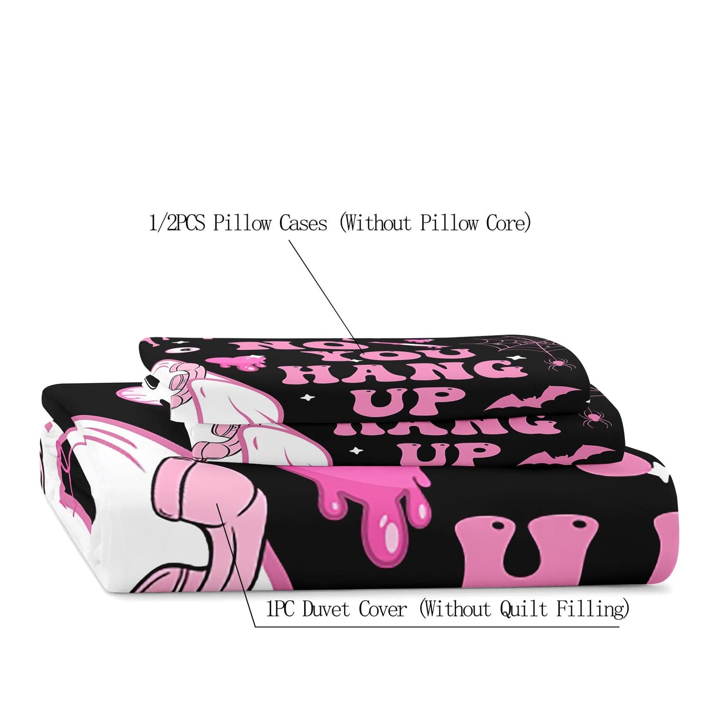 LUVIVIHOME 3PCS Cute Pink Ghost Duvet Cover Queen Bedding Sets, Girls Boys Kids Bedding, Black Duvet Cover, Funny Spooky Pumpkin Skull Bat Spider Web Eyeballs Halloween Comforter Cover, 2 Pillow Cases
