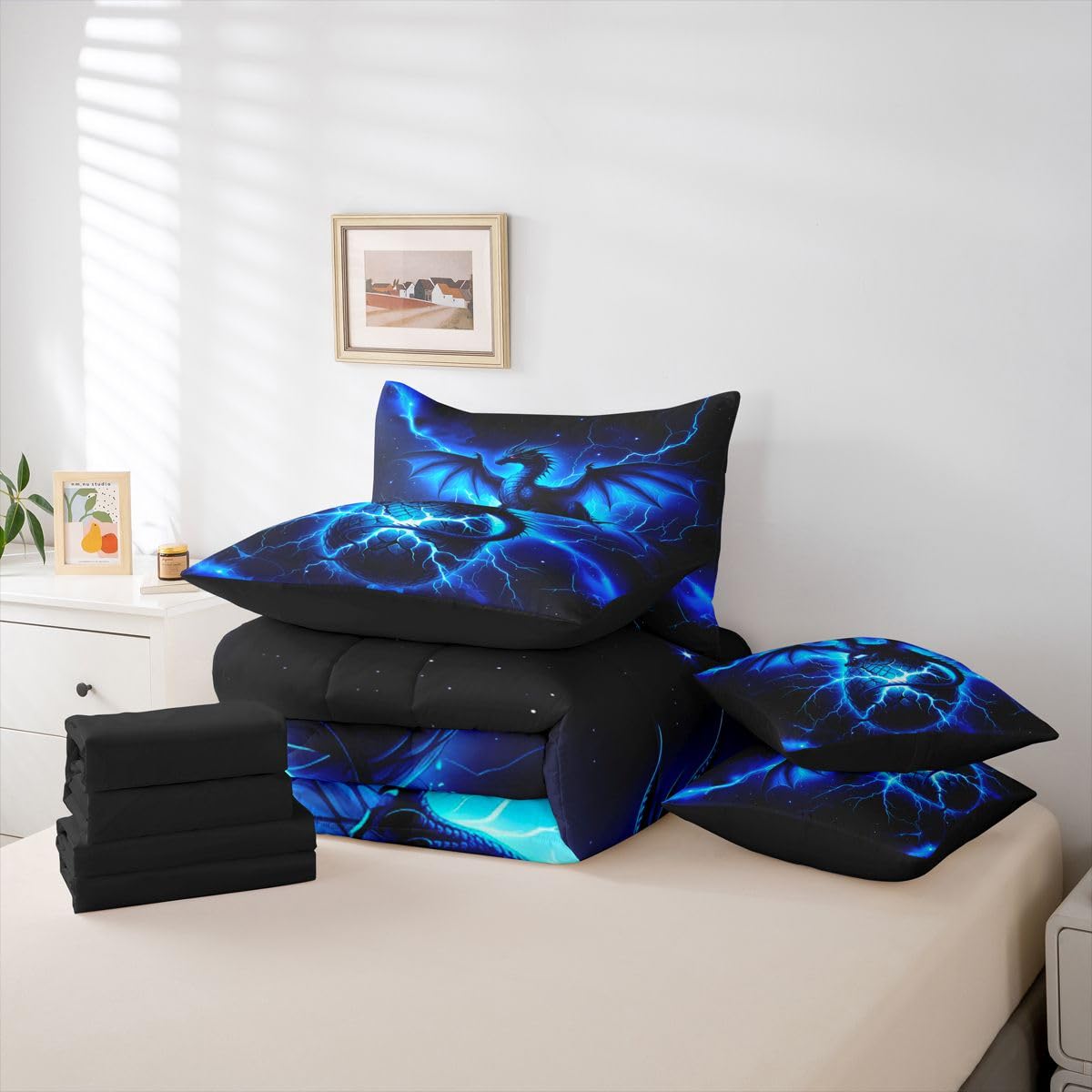 Feelyou Dragon Comforter Set with Sheets 7 Piece Twin Size Chic Outer Space Starry Sky Bed in a Bag Kids Boys Girls ungle Animals Dragon Bedding Set Bedroom Decor Breathable Soft Microfiber