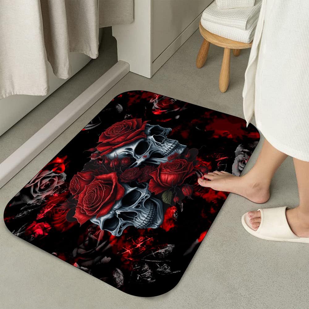 RinRinfam 4Pcs Skull Shower Curtain Set, Helloween Red Rose Skull Shower Curtain Set Non-Slip Rug,Toilet Lid Cover,U Shape Mat,Waterproof Bathroom Decor Sets with 12 Hooks,Red Black