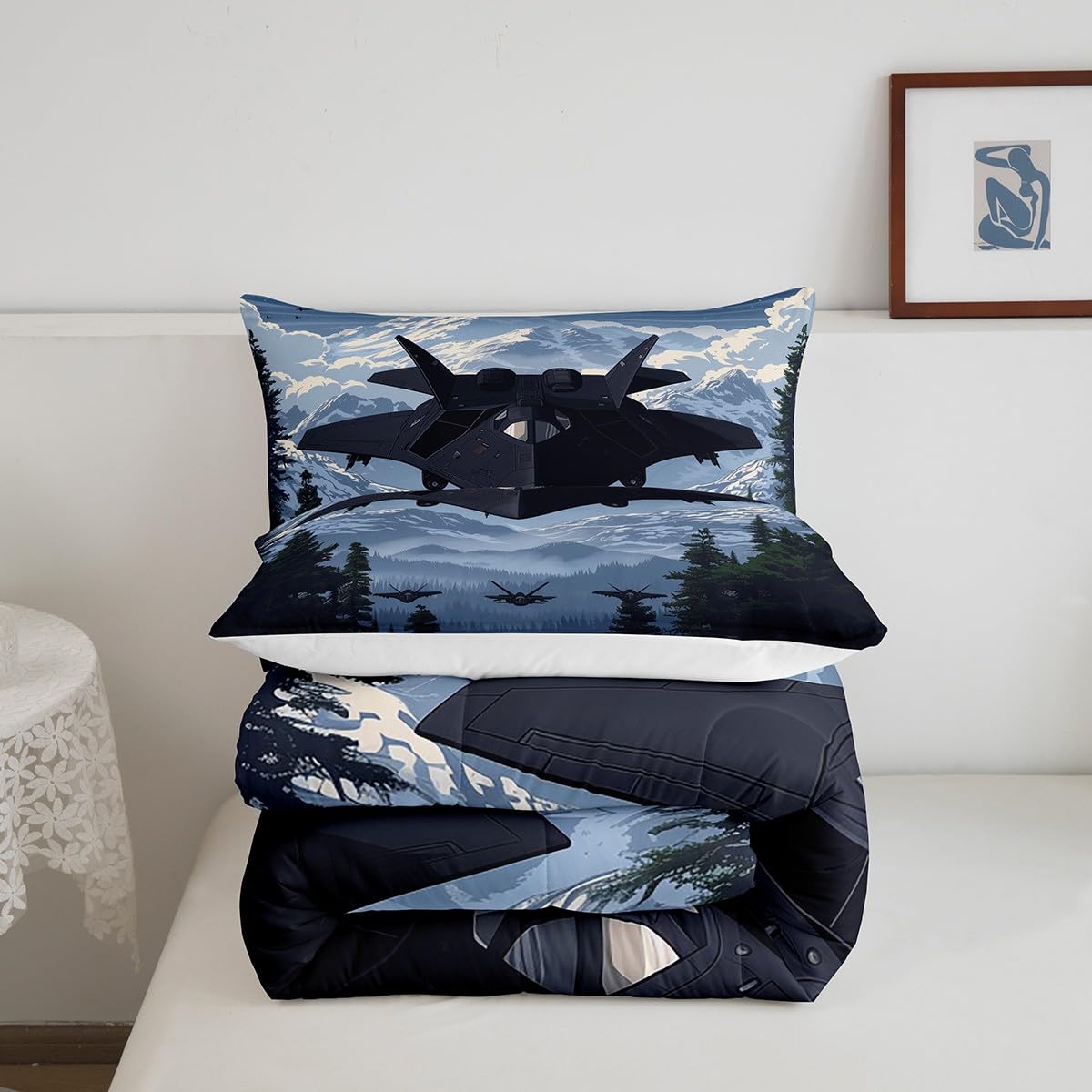Manfei Modern Airplane Bed Comforter Set Queen Size,Military Black Fighter Plane Aircraft Super Soft Microfiber Bedding Set for Girls Boys,Snowy Mount Pines Trees Nature Paint Decorative Quilter Set
