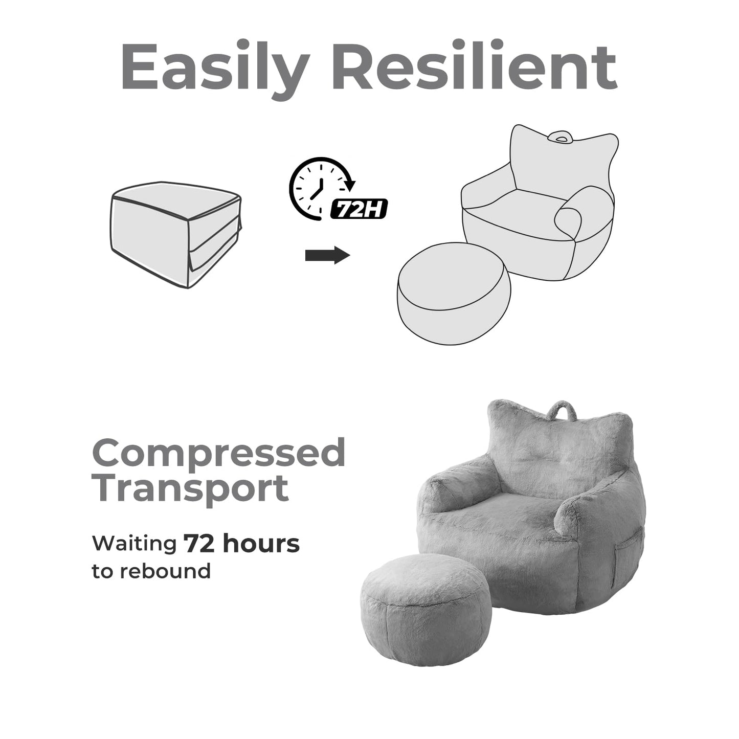 Giant Bean Bag Chair for Adults with Ottoman, Oversized Bean Bag with Filling Plush Fluffy,BeanBag Lazy Sofa Couch with Armrest for Bedroom, Stuffed Floor Sofa with Sidepocket for Living Room, Beige