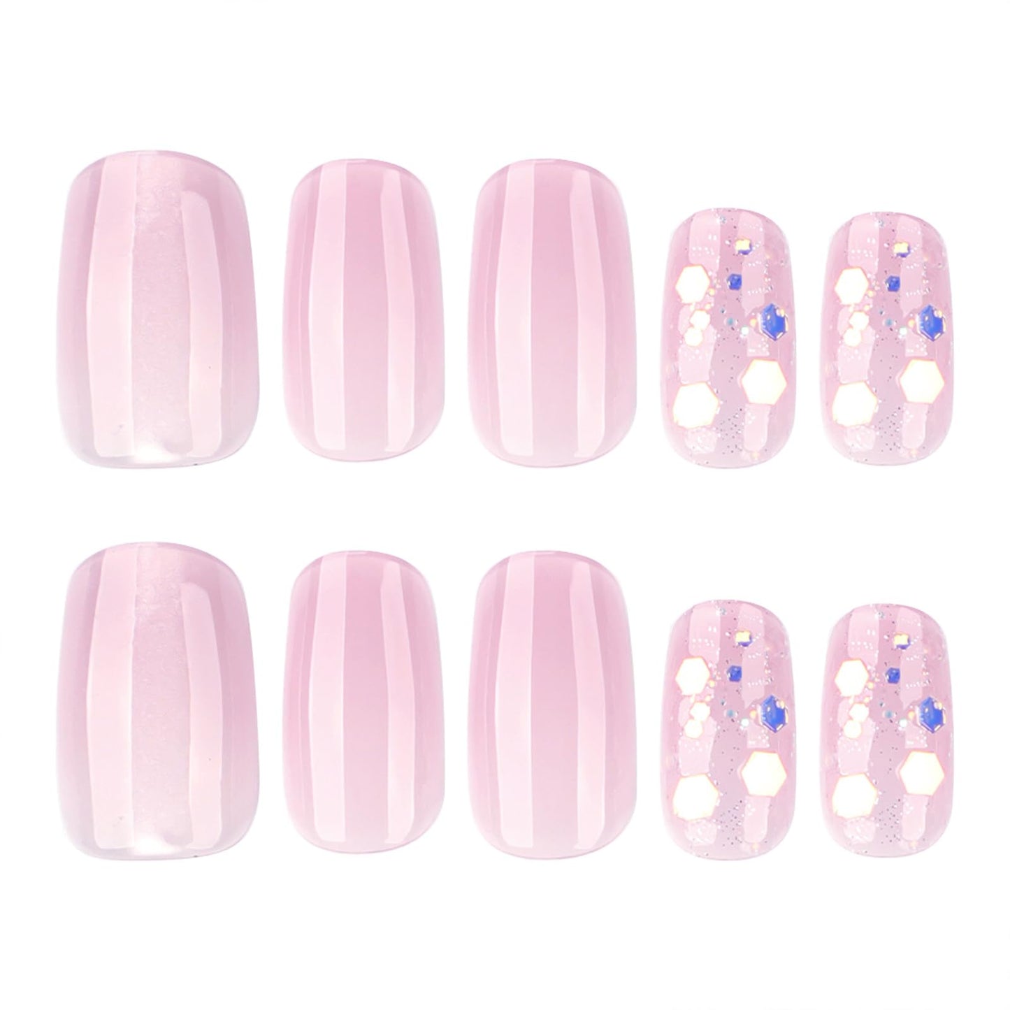 Medium Squoval Press On Nails with Cat Eye Base – Nude Pink Acrylic Fake Nails, 24PCS Glitter Glossy Stick On Nail Kit, Reusable False Nails with Adhesive & Tools for Women