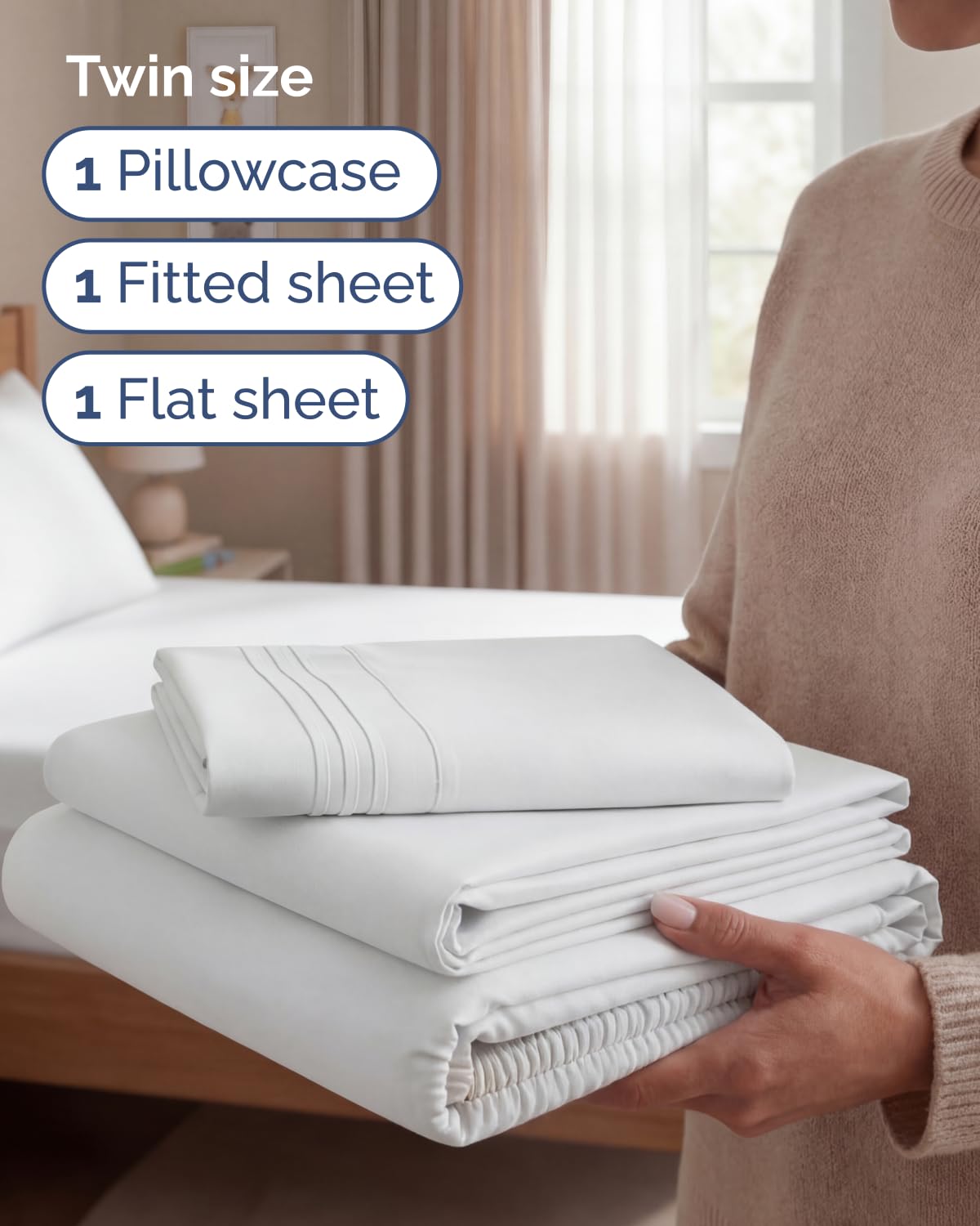 Twin Size 3 Piece Sheet Set - Comfy Breathable & Cooling Sheets - Hotel Luxury Bed Sheets for Women & Men - Deep Pockets, Easy-Fit, Extra Soft and Wrinkle Free Sheets - White Oeko-Tex Bed Sheet Set