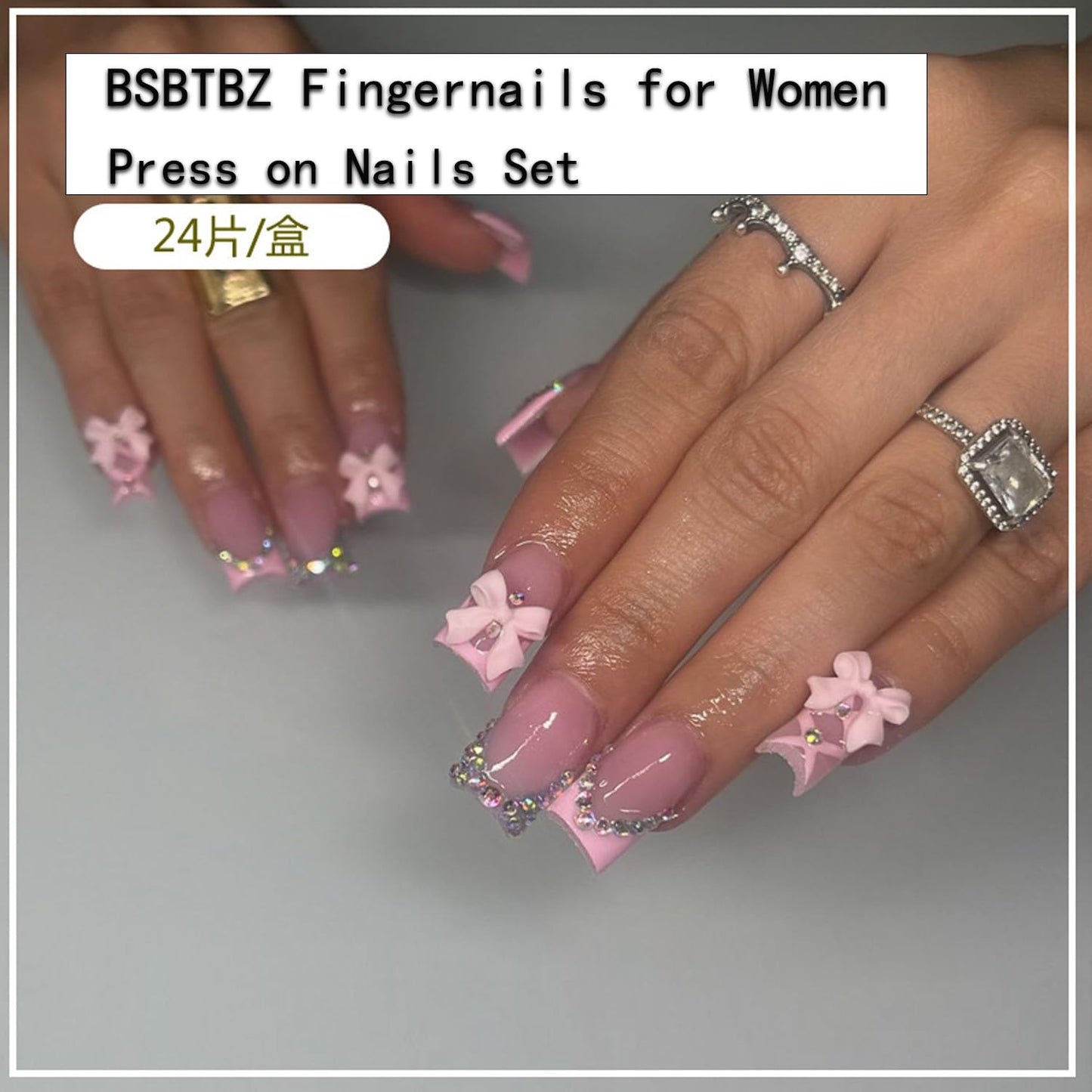 24Pcs Handmade Press on Nails Short Square with Charms Pink Bow Fake Nails French Nails Press ons 3D Rhinestone Sparkling Design Cute Bow Stick on Nails Tip Shiny for Women Daily Wear