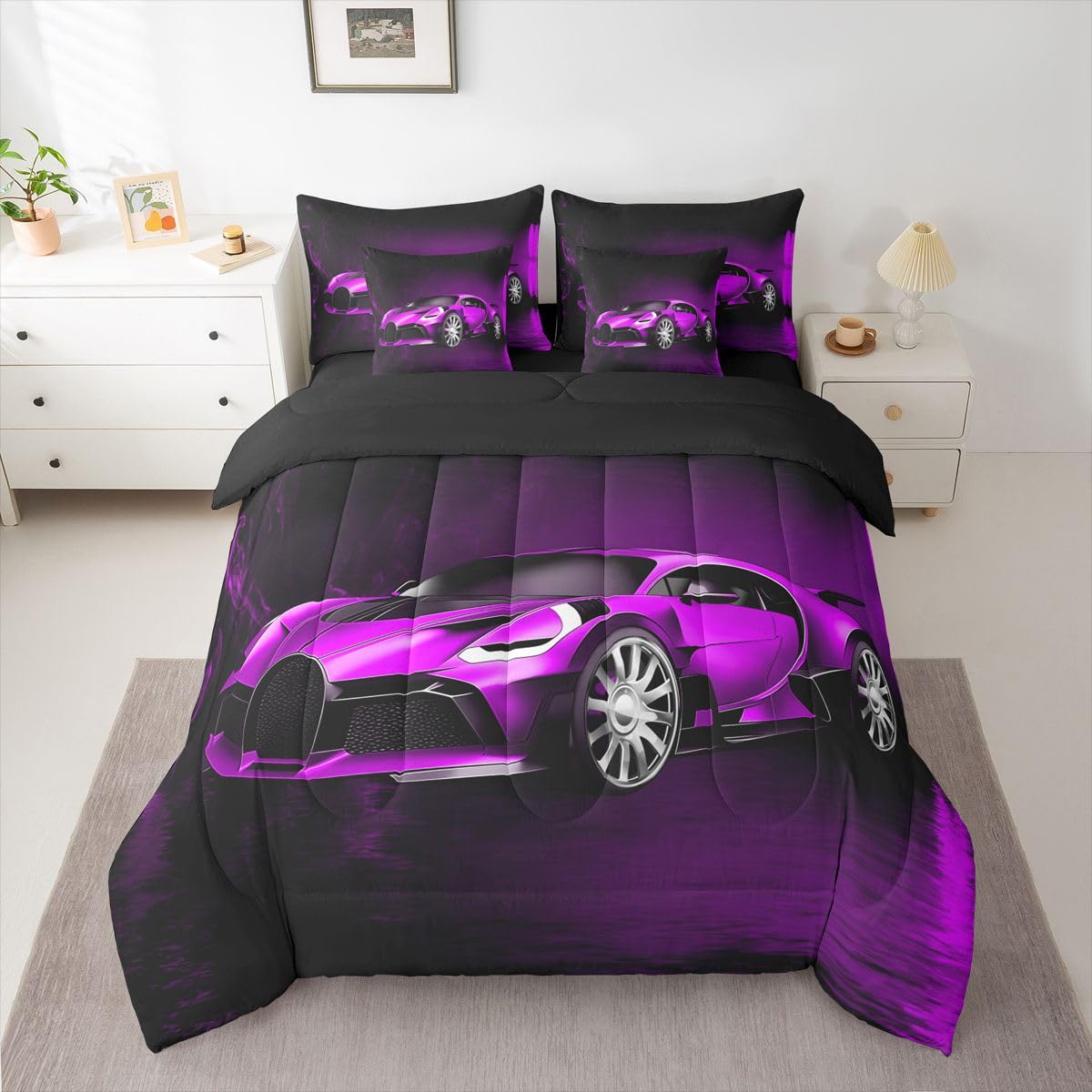 Feelyou Sports Car 7 Piece Bedding Set Purple Race Car Comforter Set with Sheets for Kids Boys Girls Extreme Sports Bed in a Bag Cool Speed Luxury Car Decor Quilt with 2 Pillowcases Queen