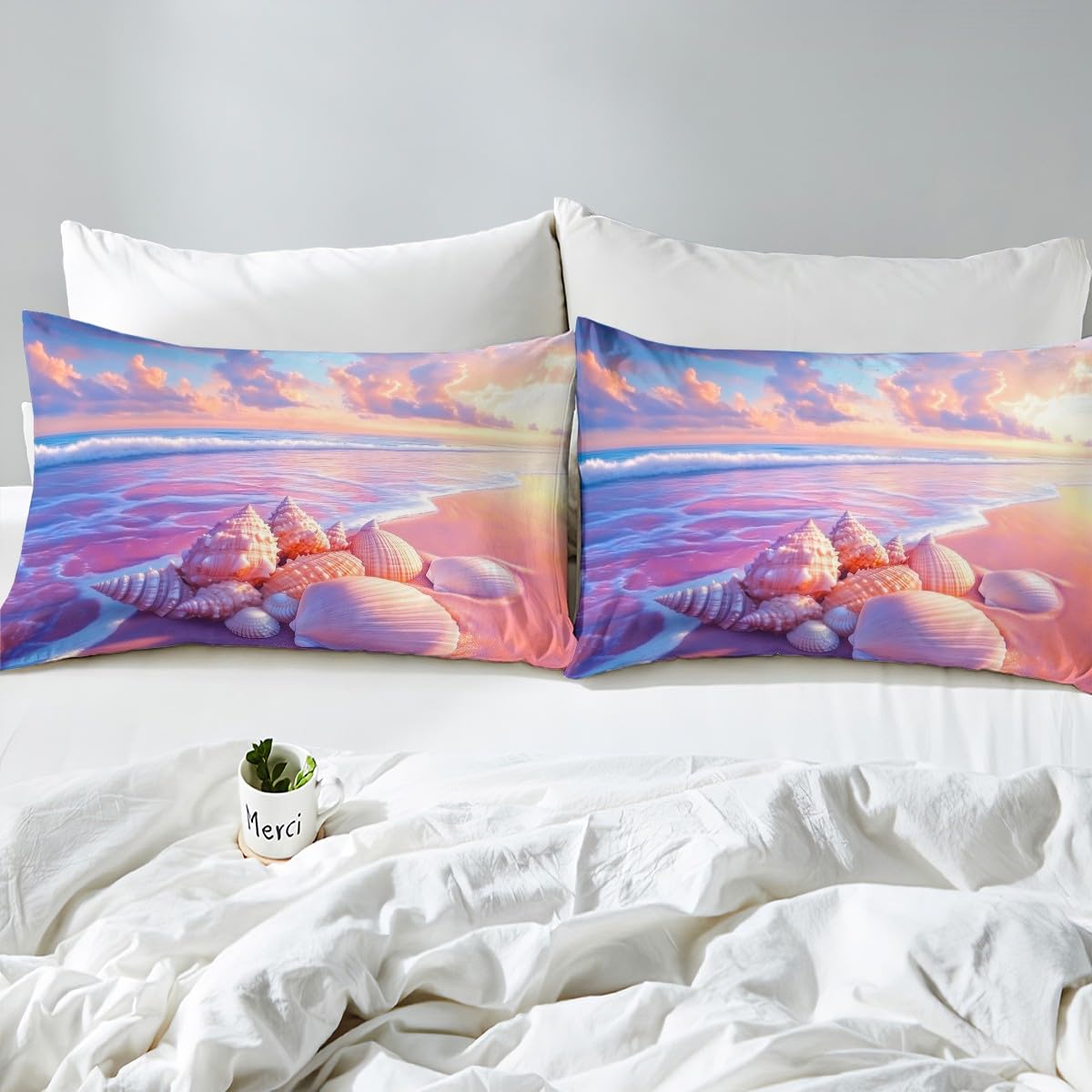 Feelyou Ocean Beach Bedding Sheets Full Pink Purple Beach Bed Sheet Set for Adult Kids Starfish Seashell Fitted Sheet Beach Theme Bed Cover 3Pcs,1 Fitted Sheet+2 Pillow Sham（No Flat Sheet）