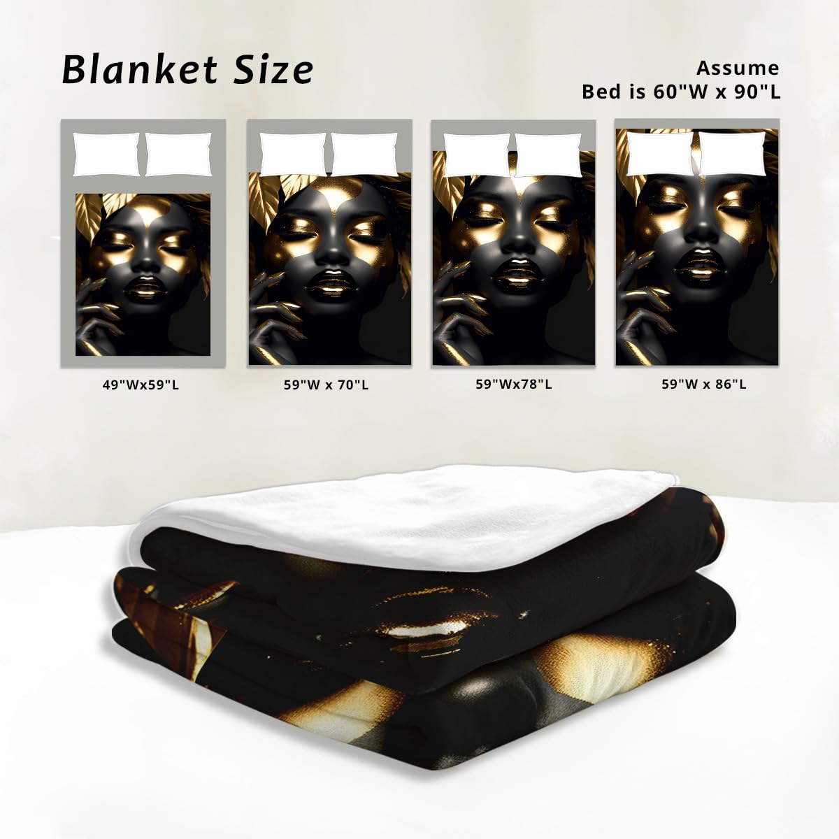 HUNXIAOJ African American Woman Blanket Throw Black Gold Print Flannel Blanket Gifts for Girls Female Women African American Couch Bed Living Room Home Decor 49"x59"