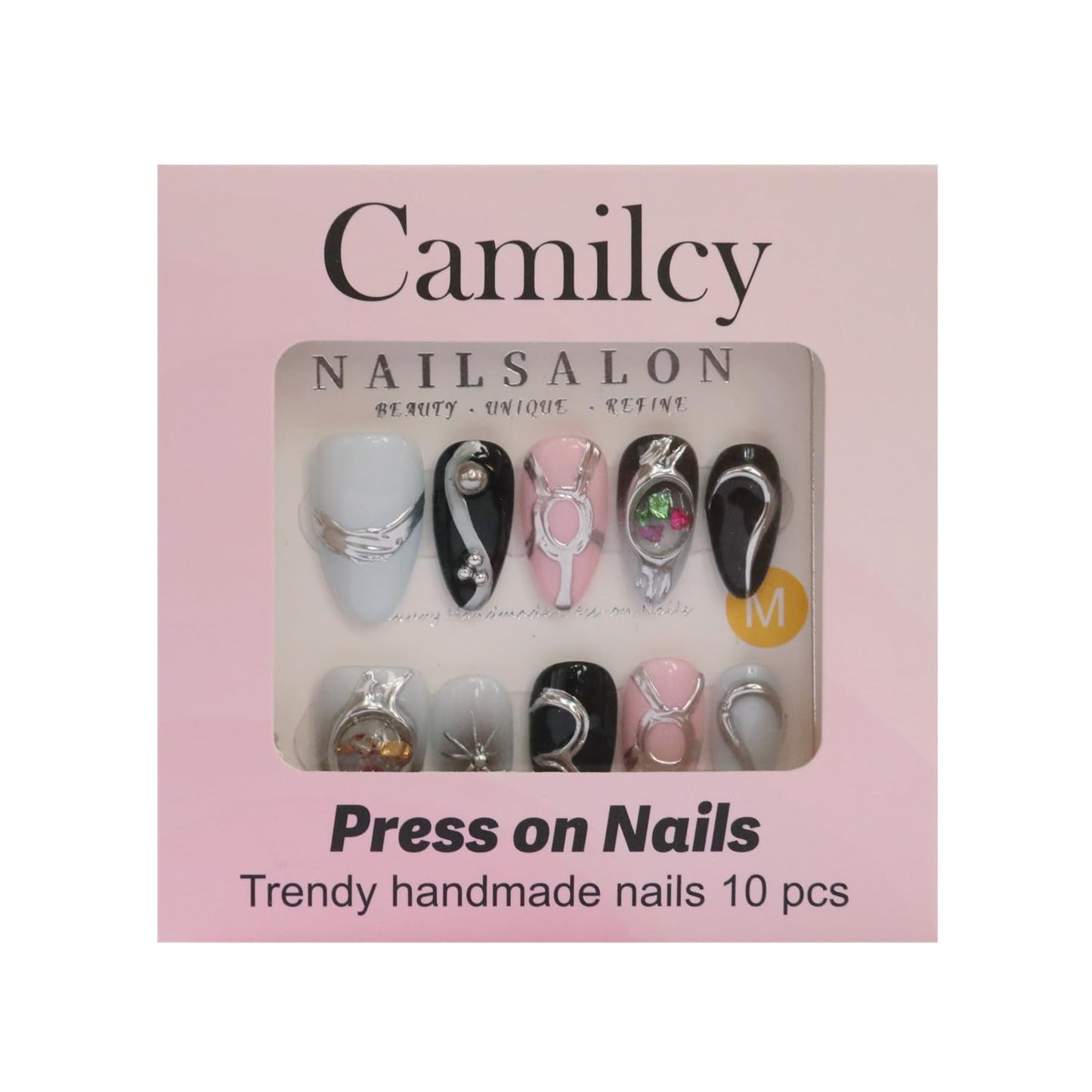 CAMILCY Handmade Nails Press on Long Gradient Blue Black Silver Halloween Star Design Hand painted Reusable Gel UV Finished Pre shaped Artificial False Nails for Women 10pcs 3D Nails (A077, M)