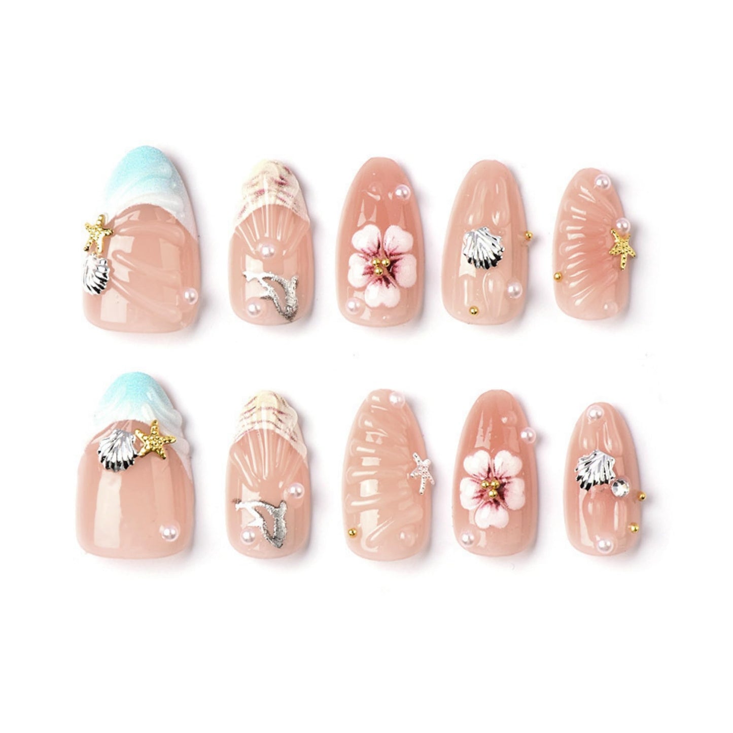 octoswave Press on Nails Medium Almond Fake Nails 3D French Artificial Nail Flowers and Pearl Charm Stick on Nail for Women 24pcs