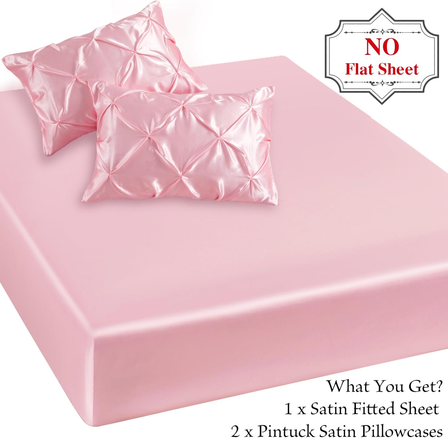 P Pothuiny 3-Piece Set Pintuck Satin Pillowcases & Twin Fitted Sheet, Blush Pink Satin Sheet Silky Soft Luxury Romantic Pinch Pleated Bedding Bedroom Dorm Decor, 15 Inch Deep Pocket