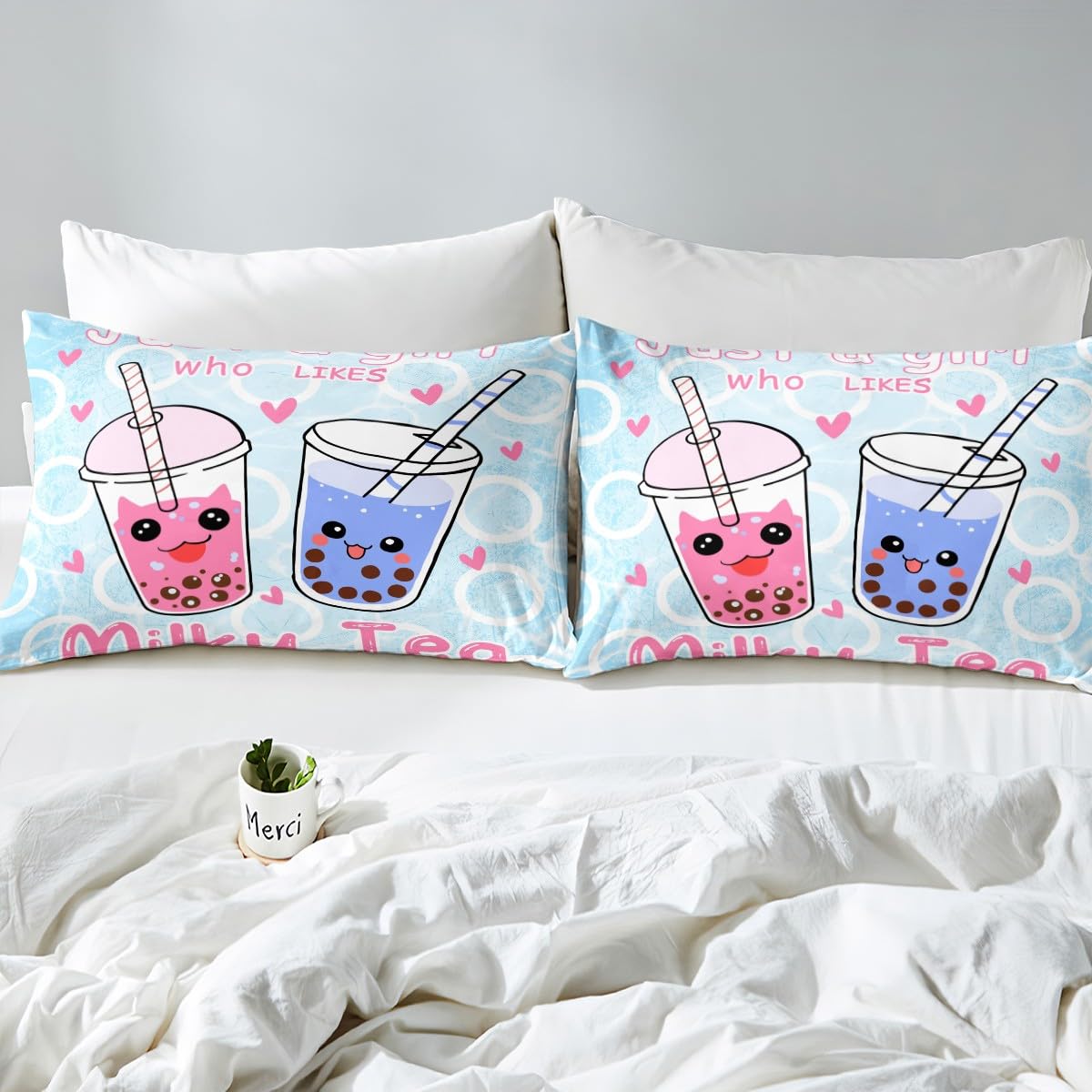 Boba Bed Sheet Set Girl Loves Boba Bedding Set Kawaii Bubble Tea Stuffed Fitted Sheet for Kids Adults Cartoon Boba Bed Cover Full Size Bed Set