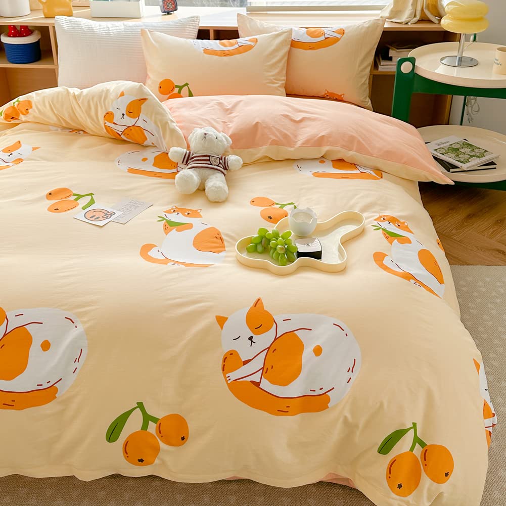 LIWHENHAO Cats Duvet Cover Set Twin 100% Cotton Bedding Cartoon Cute Cat on Orange 1 Kawaii Animal Comforter Cover Zipper Closure 2 Pillowcases for Kids Girls Boys