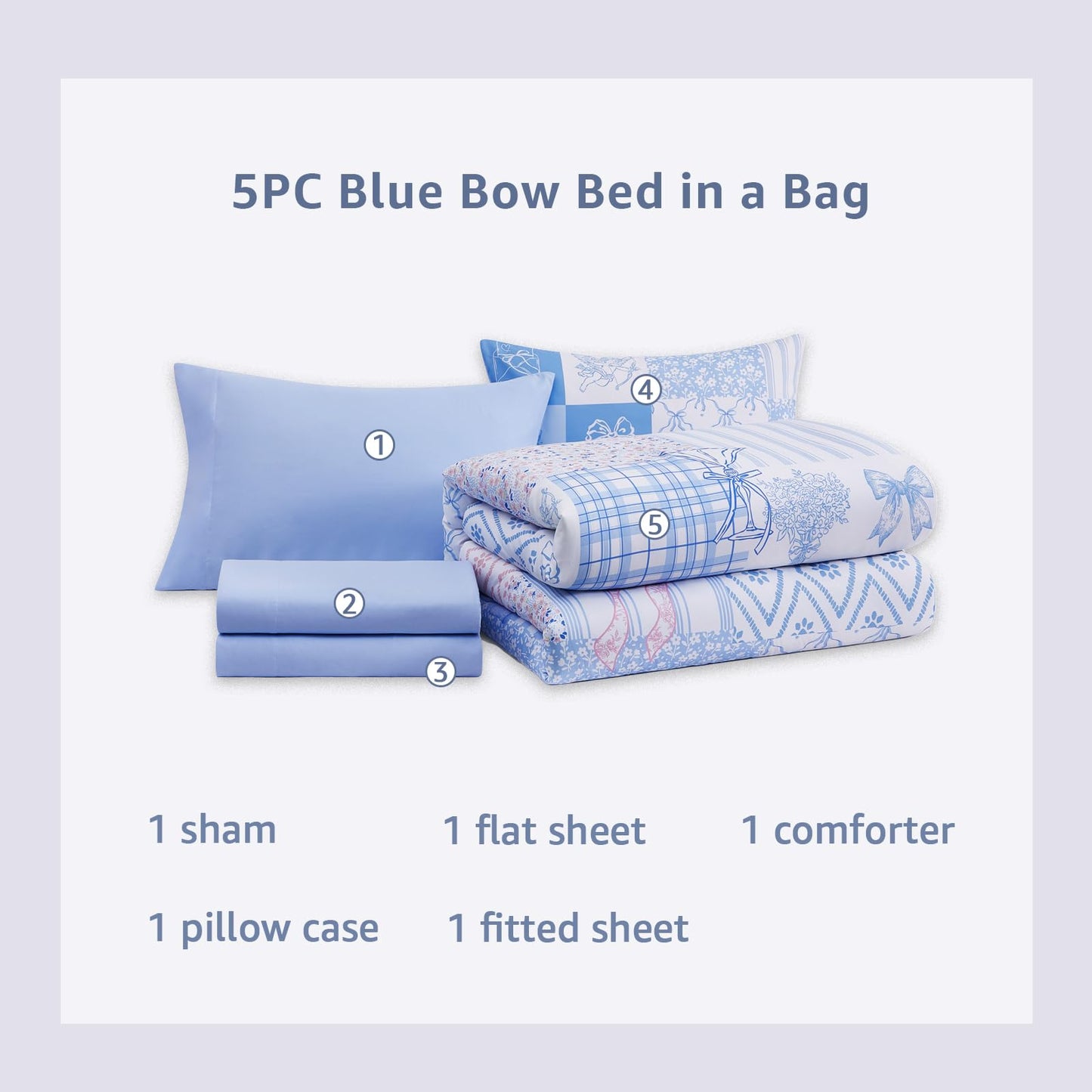 AMBERSPACE Twin XL Comforter Set for Girls, Cute Blue Bow Bedding 5 Pieces Kids Bed Set, All Season Dorm Bed in a Bag with Sheets, Pillowcase & Sham