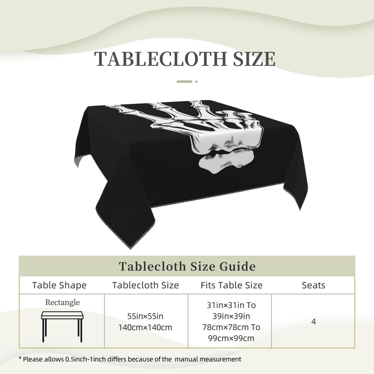 Entemne Square Table Cloth 55x55 Inch Gothic Human Hand Skeleton Tablecloth Washable Soft Wrinkle Free Dust Proof Card Table Cover for Tea Party Picnic Kitchen Dining Decor