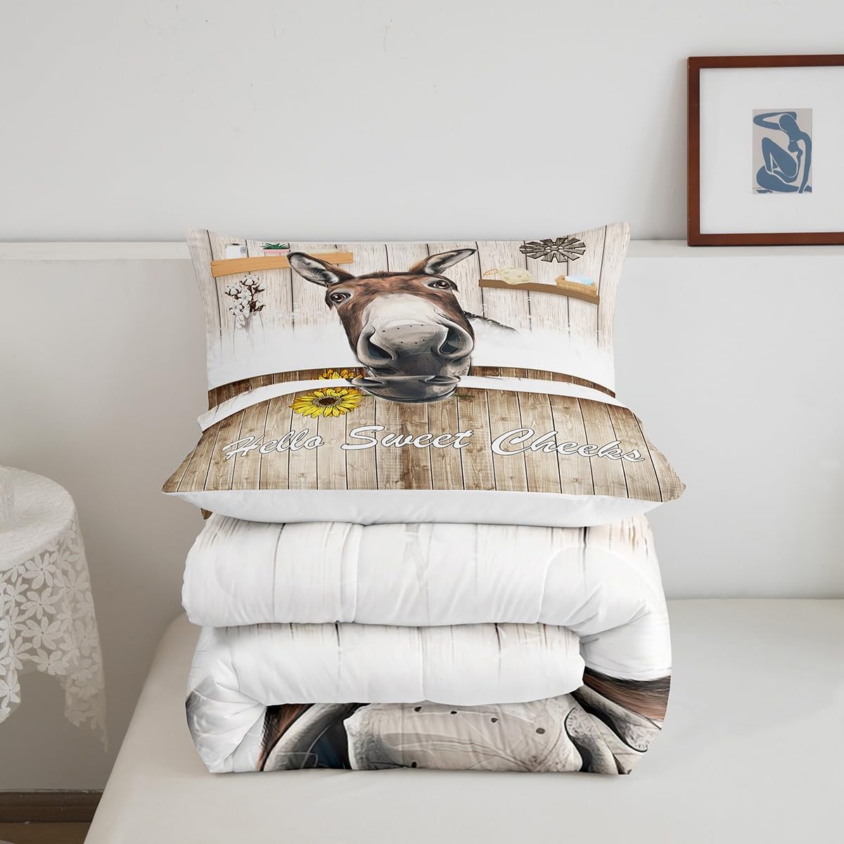 Manfei Cute Donkey Comforter Set Twin Size, Farm Animal Theme Bedding Set 2pcs for Kids Boys Teens Bedroom Decor, Rustic Style Wooden Stripe Print Quilt Set with 1 Pillowcase