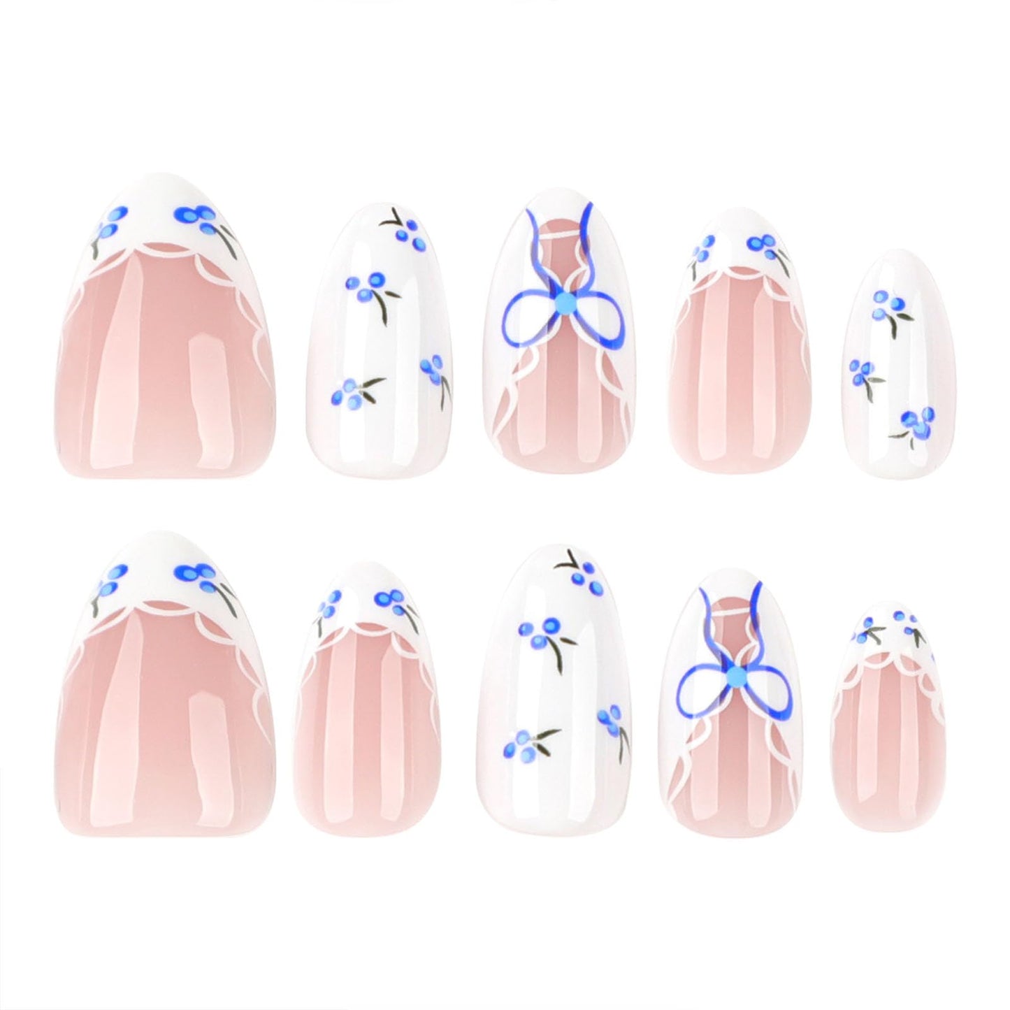 French Tip Press on Nails Short Almond Fake Nails Blue White Stick on Nail Flower Lace Glossy Reusable Full Cover with Adhesive Glue Artificial Nail Women Manicure 24Pcs