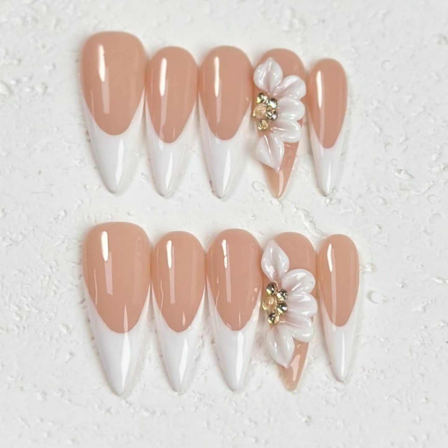 White French Press on Nails Long Stiletto False Nails with 3D Flower Designs Handmade Fake Nails Handmade Muti-Layer Gel Acrylic Full Cover Stick on Nails for Women（Size M)