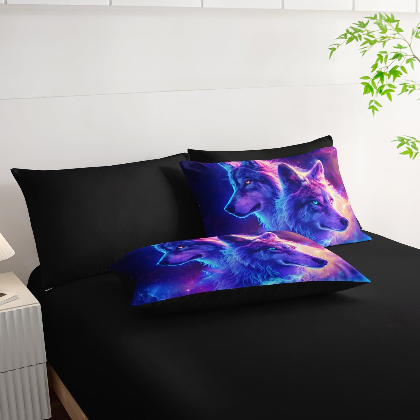 AILONEN Galaxy Wolves Comforter Set - 7Pcs Soft Twin Size Bed in a Bag - Neon Starry Wolf Comforter,Fitted Sheet,Flat Sheet,2 Pillowcases,2 Pillow Shams for Room Decor