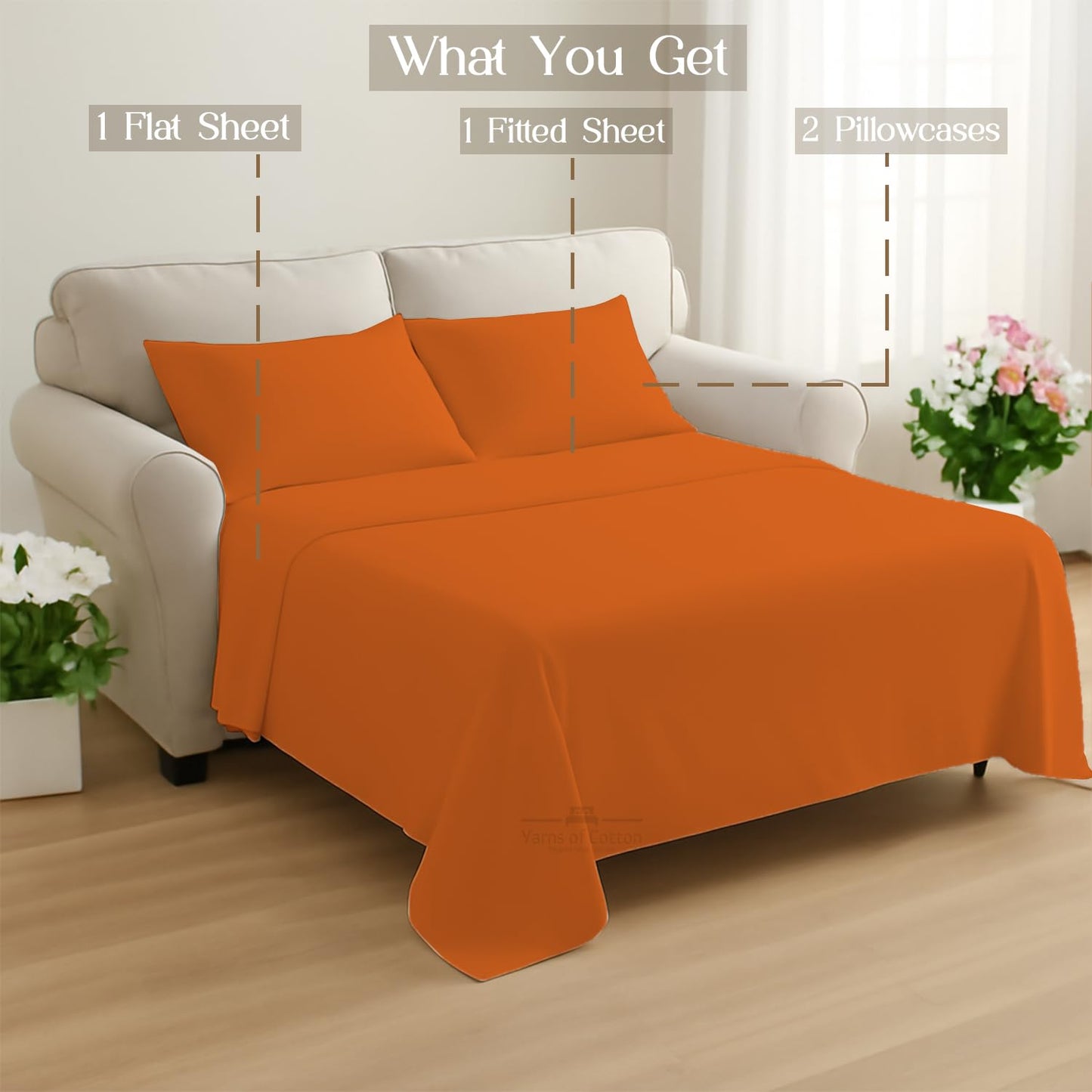 Sleeper Sofa Bed Sheet, 100% Cotton 400 Thread Count, 4 Piece Set, Deep Pocket Fitted Sheet, Soft Wrinkle Free & Breathable, Luxury Hotel Quality, Fits Up to 6 Inch Mattress (Full, Orange)