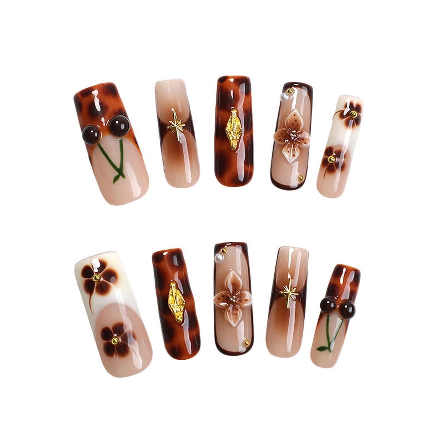 Brown French Tip Press on Nails Long Coffin Fake Nails Handmade Press on Nails 3D Luxury Flower and Cherry Embossed Designs Muti-Layer Gel Thick False Nails Glossy Acrylic Nails for Women (Size M)
