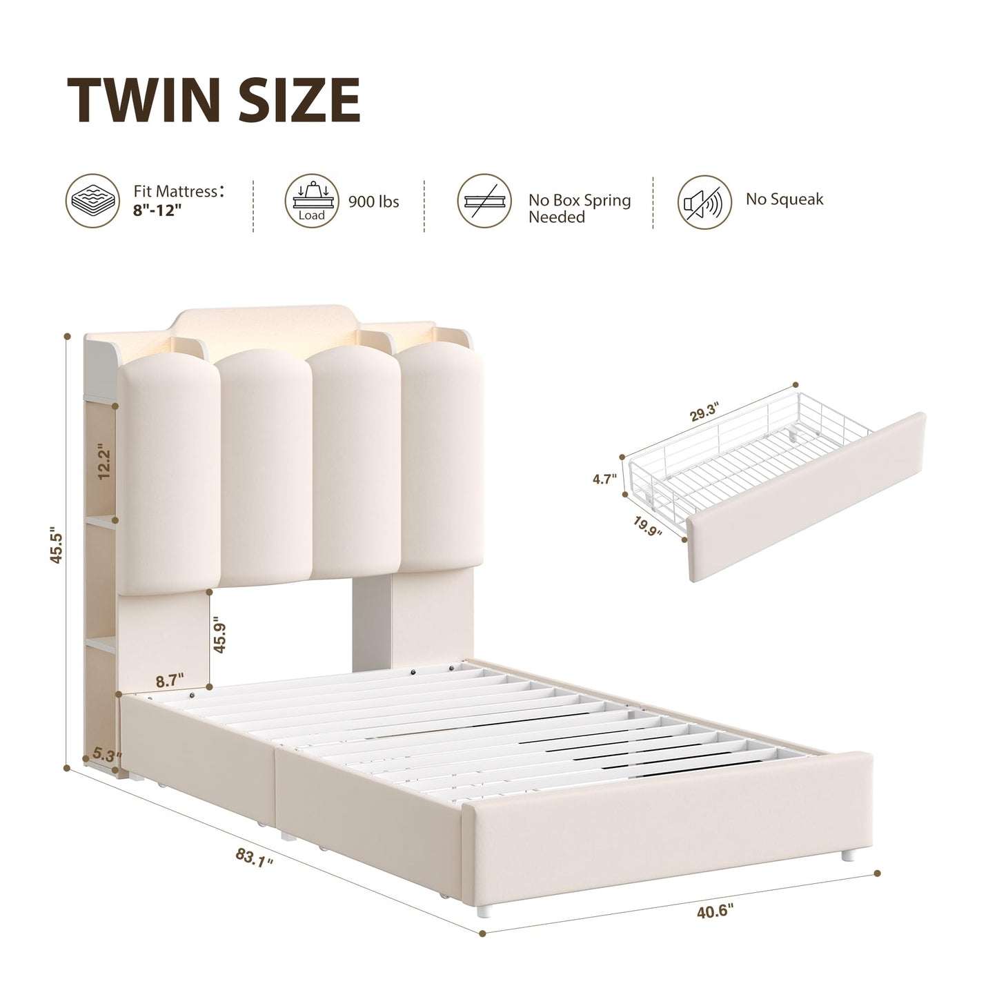 HOSTACK Twin Upholstered Platform Bed Frame with Storage Headboard, Beige