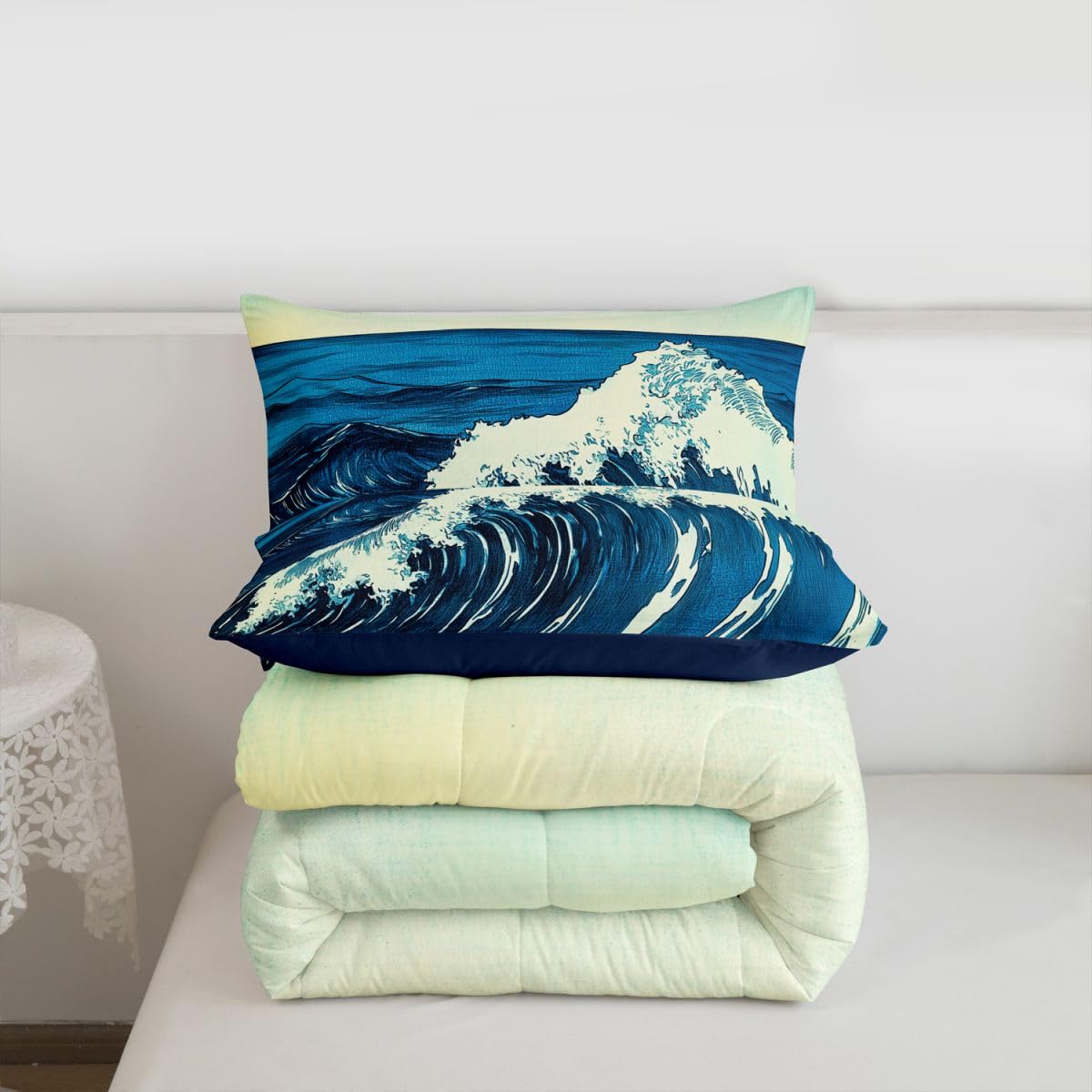 jejeloiu Wave Pattern Kids Comforter Set Queen Size Japanese Style Bedding Set Ocean Wave Duvet Quilt for Kids Boys Girls Bedroom Decor Microfiber Ultra Soft Breathable