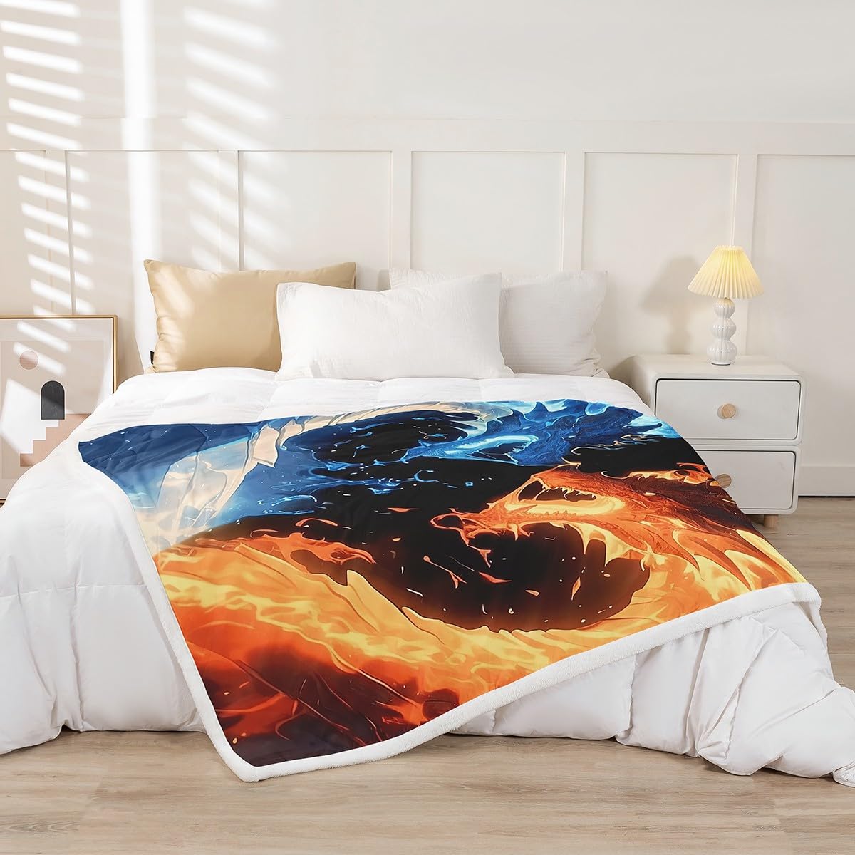 Erosebridal Dragon Fleece Blanket Twin Size for Boys,Wildlife Animals Sherpa Blanket Western Magical Wildlife Fuzzy Plush Throw for Kids Adult,Blue Gold Decor for Sofa Couch