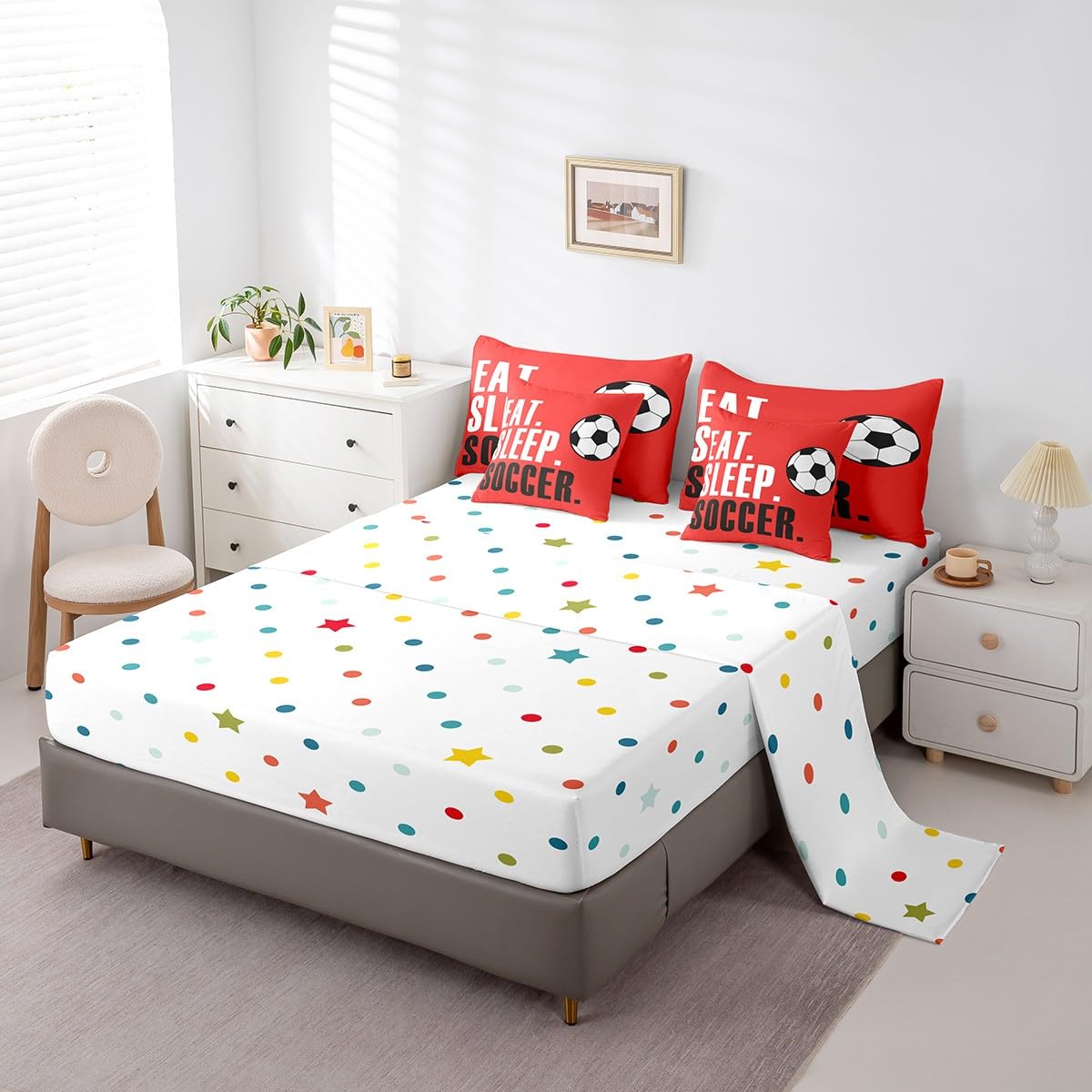 Feelyou Football Comforter Set 7 Piece Soccer Ball Sports Bedding Twin Comforter Set for Boys Girls Women Men Red Eat Sleep Football Bedding Set Ball Games Room Decor Bed in a Bag