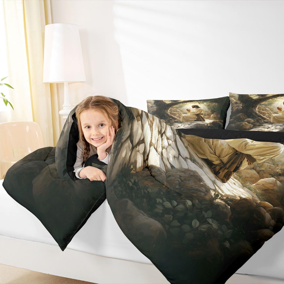 Manfei God Praying Girls Bedding Set Twin Size,The Garden of Gethsemane Comforter Set,Western Bible Verse Spiritual Quilt Comforter Girls Boys Teens,Black Gray Room Decor All Season,1 Pillowcase