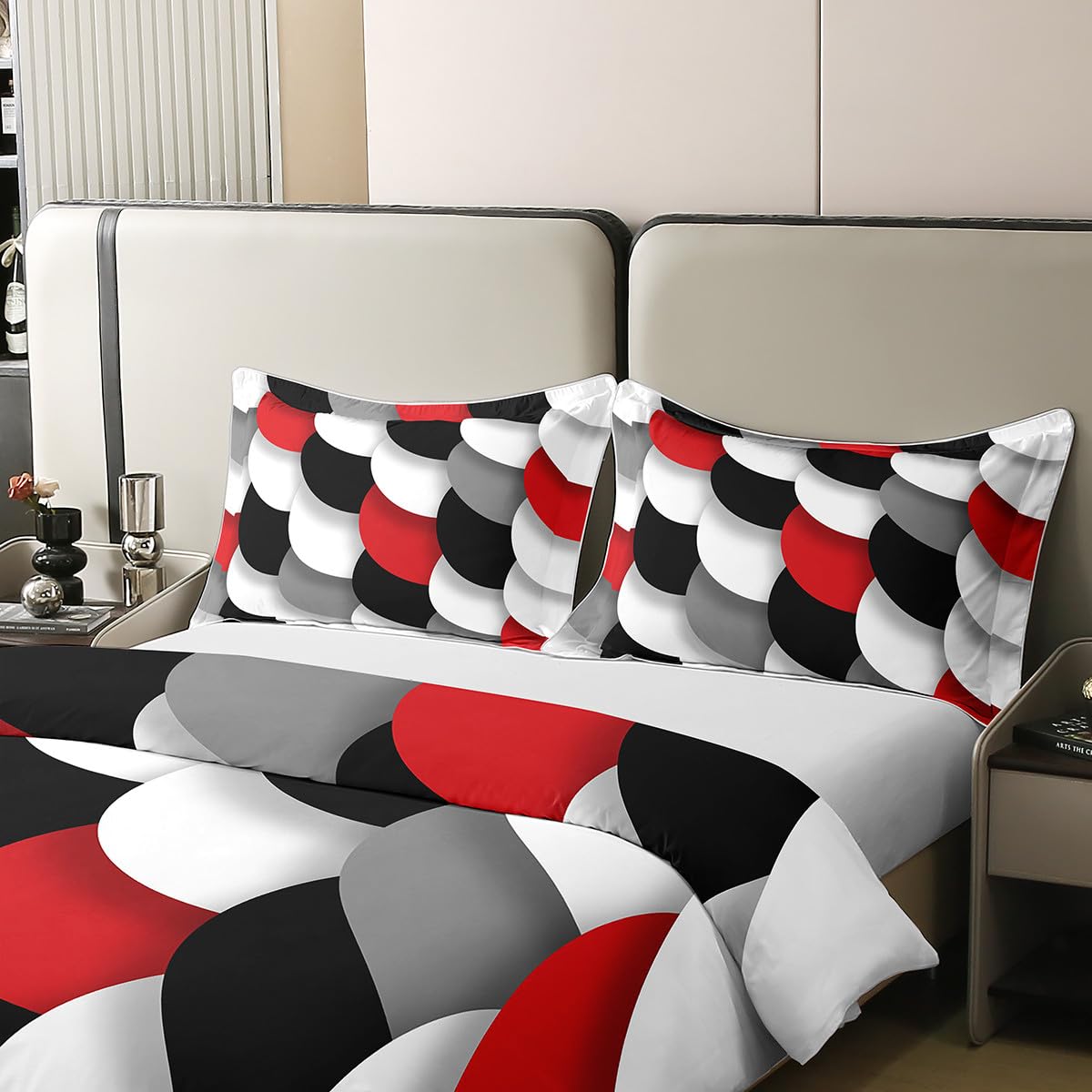 jejeloiu Red Black White Duvet Cover 100% Cotton Geometric Abstract Queen Size Bedding Set for Kids Boys Girls Abstract Art Comforter Cover Soft（No Comforter）