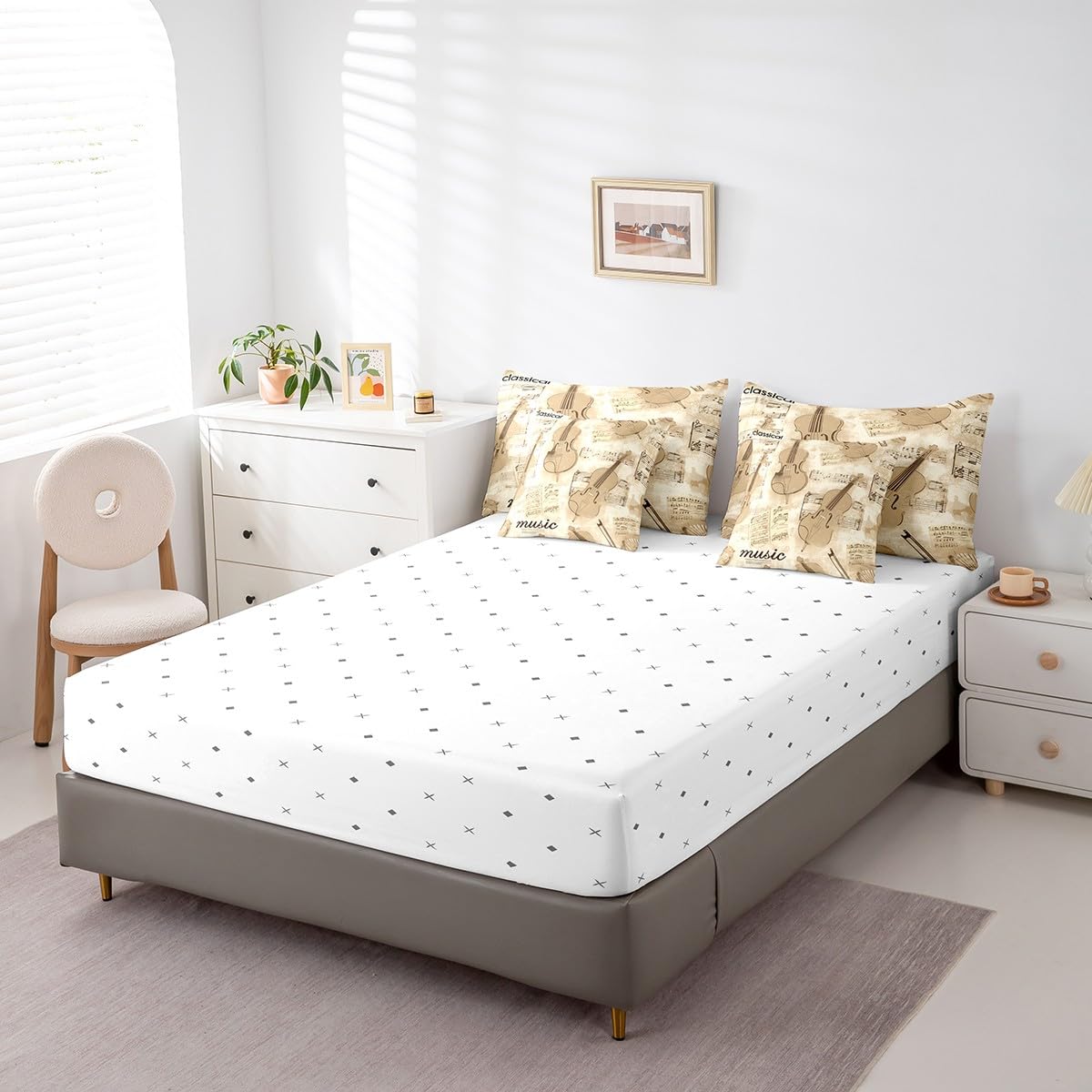 Erosebridal Vintage Violin Comforter Set 7 Piece Bed in a Bag Twin,Abstract Cello Bedding Sets Music Notes Comforter and Sheet Set,Violoncello Musical Instruments Bed Set