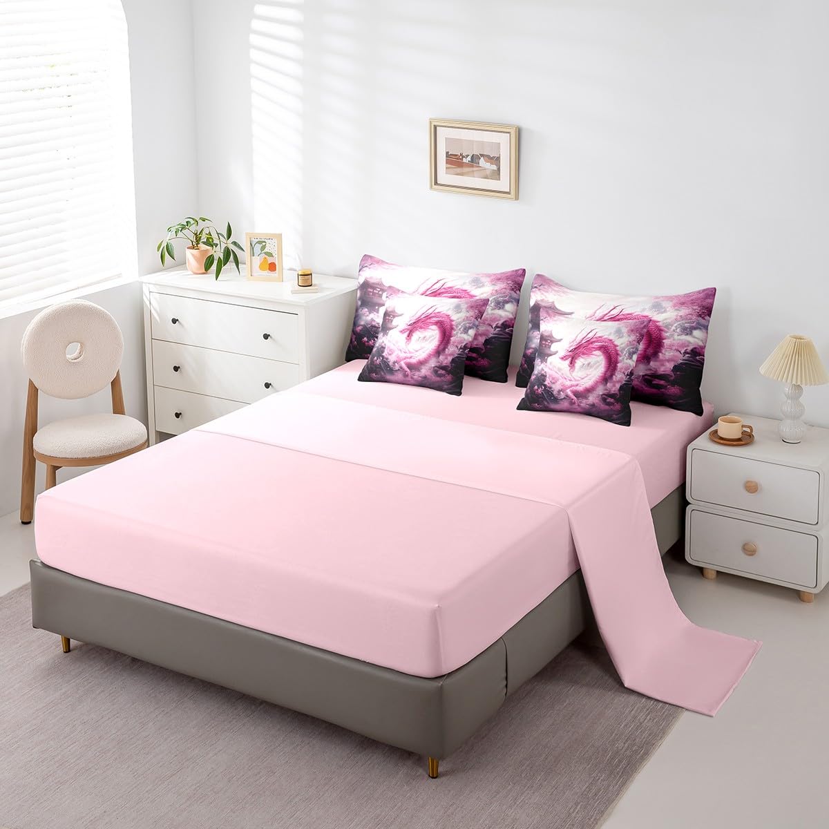 7 Pieces Pink Dragon Comforter Set Queen,Japanese Style Building Bed Set for Kids Boys Girls,Cherry Blossom Bedding(1 Comforter,1 Fitted Sheet,1 Flat Sheet,2 Pillowcases,2 Throw Pillow Cover)