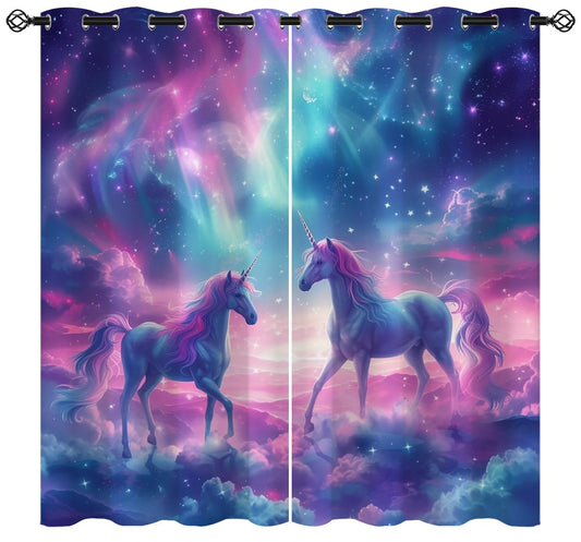 Fantasy Unicorn Blackout Curtains for Girls Boys Kids Teens Home Decor, Cute Starry Sky Stars Galaxy Grommet Thermal Insulated Drapes Darkening Window Curtain for Bedroom Living Room, 42 x 45 Inch