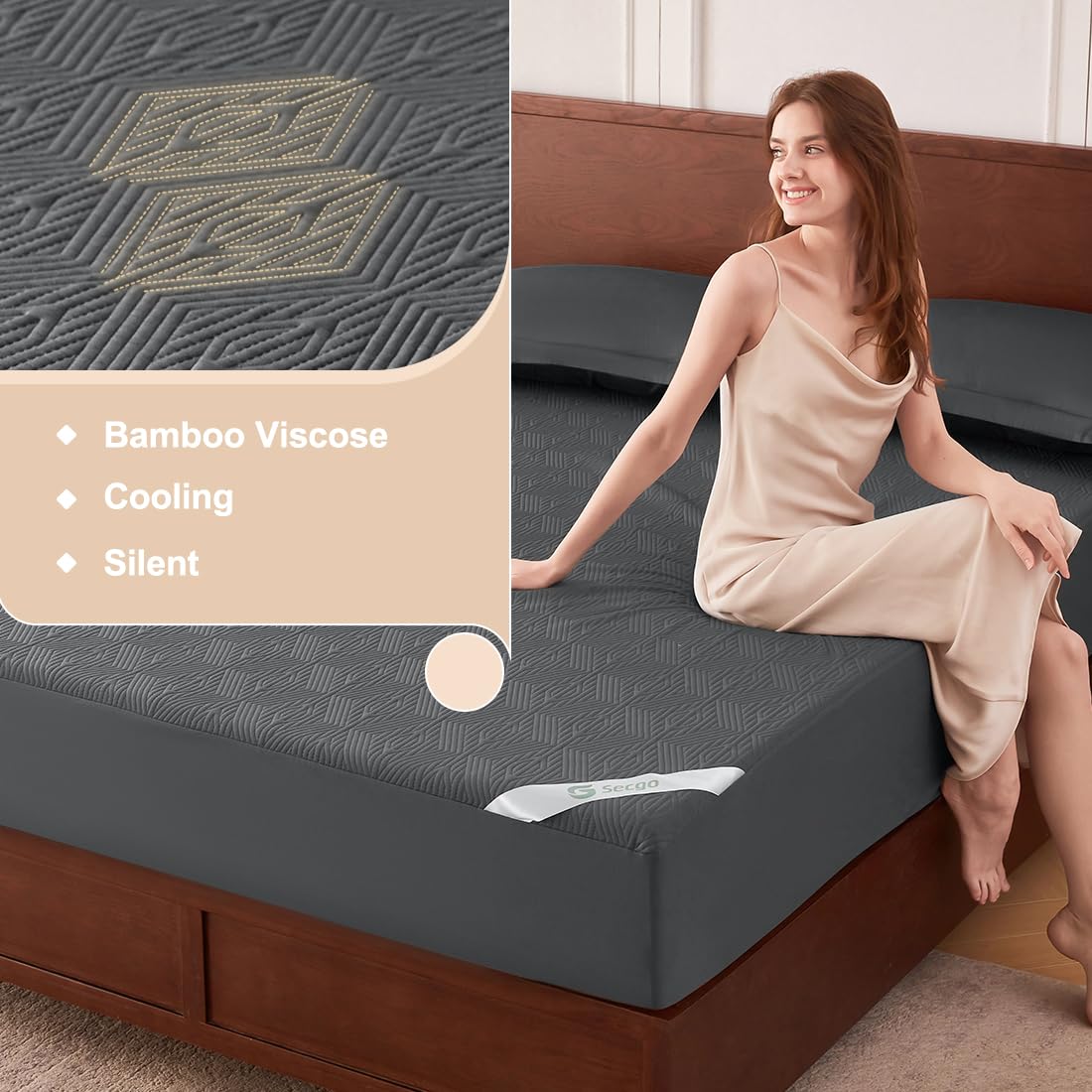 Black Premium Jacquard 100% Waterproof King Mattress Protector, Noiseless, Anti - Slip, Breathable Bed Cover, Rayon from Bambo, Quilted, Mattress Pad Sheet, Deep Pocket 8"-21"