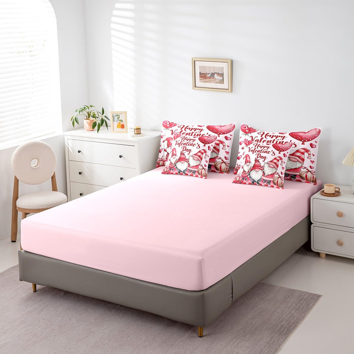 Erosebridal Valentine Day Gnomes Queen 7 Piece Comforter Set - Cute Gnome Bedding Set with Fitted + Flat Sheet, Pink Romantic Love Bed in a Bag for Kids Girls Women Valentines Bedroom Decor