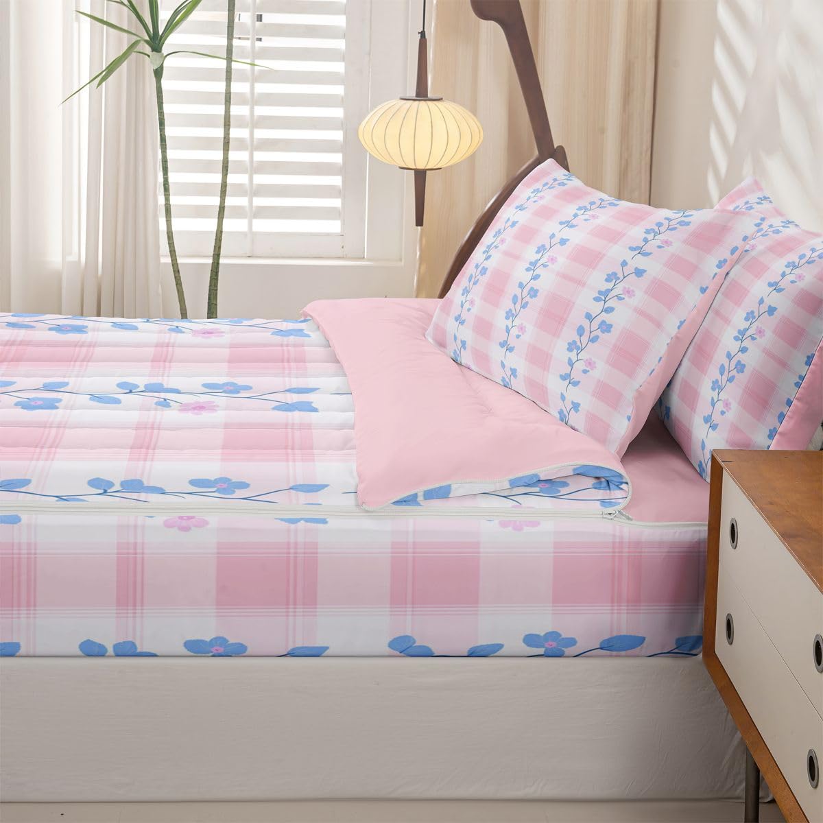 Feelyou Pink Flower Queen Zipper Bedding Set Botanical Floral Printed Kids Comforter Set with Fitted Sheet and 2 Pillowcases Natural Theme Bed in a Bag Zip Up Bedding Soft Microfiber