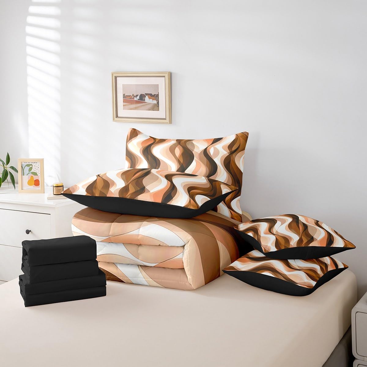 Erosebridal 7Pcs Orange Black Geometric Lines Queen Comforter Set,Striped Bed in A Bag for Minimalist Women Men Adults,Modern Aesthetics Art Quilt,Contemporary Gradient Ombre Lines Quilt