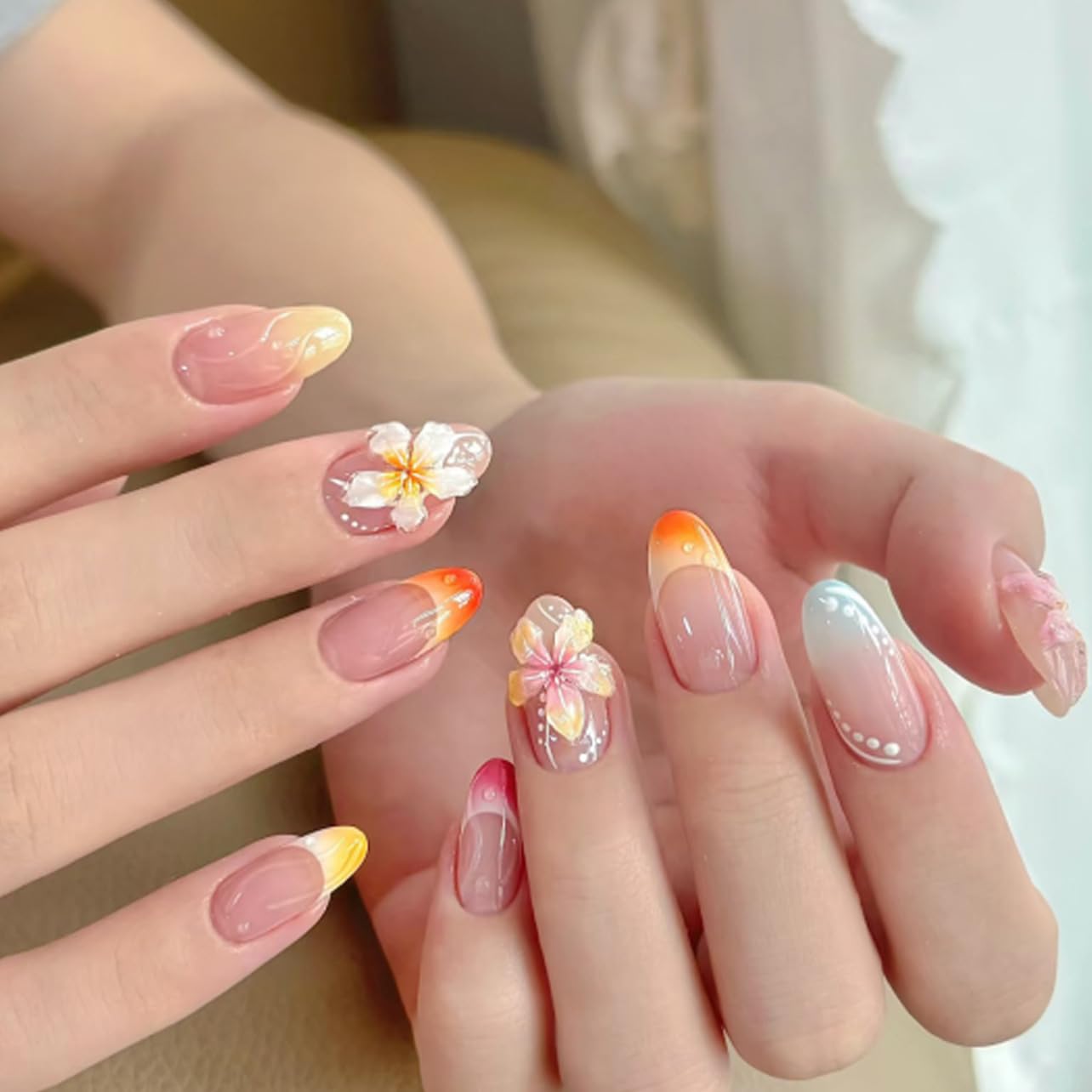 Nude French Press on Fake Nails Medium Short Oval with 3D Flower Design, False Summer Nail Reusable Press ons Artificial Manicure for Women Girls, Perfect Fit Stick on Nail Glossy Finish, 24Pcs