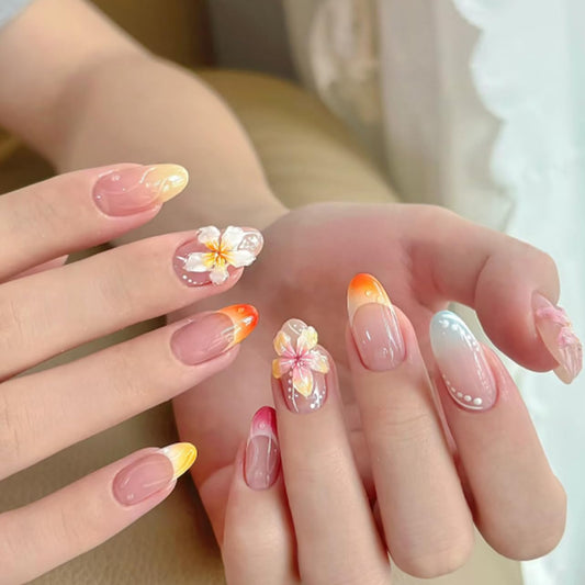 Nude French Press on Fake Nails Medium Short Oval with 3D Flower Design, False Summer Nail Reusable Press ons Artificial Manicure for Women Girls, Perfect Fit Stick on Nail Glossy Finish, 24Pcs