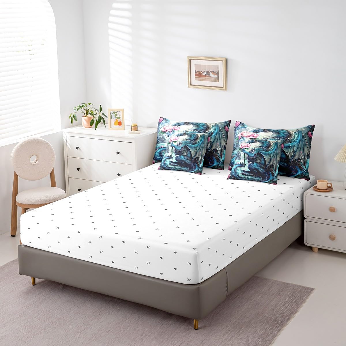 Erosebridal Floral Dragon Comforter Sets with Sheets - Magical Animal Bedding Set Queen for Boys Girls Pink Rose Dragon Theme 7Pcs Bed in A Bag Cute Wildlife Bed Set